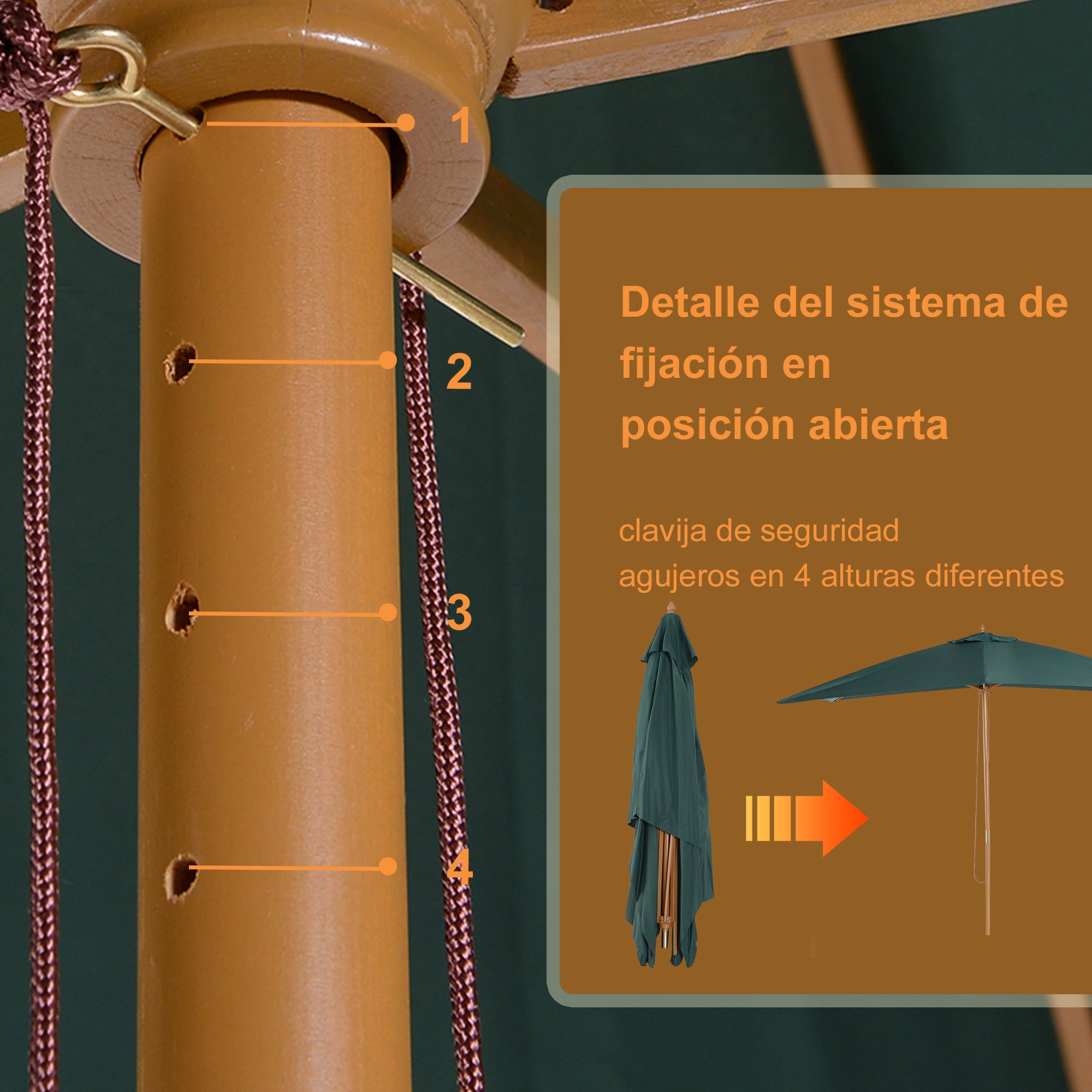 Outsunny Sombrilla Parasol 295x200x255 cm para Jardín Terraza con Mástil de Madera y Toldo de Poliéster 180g/m² Color Verde Oscuro
