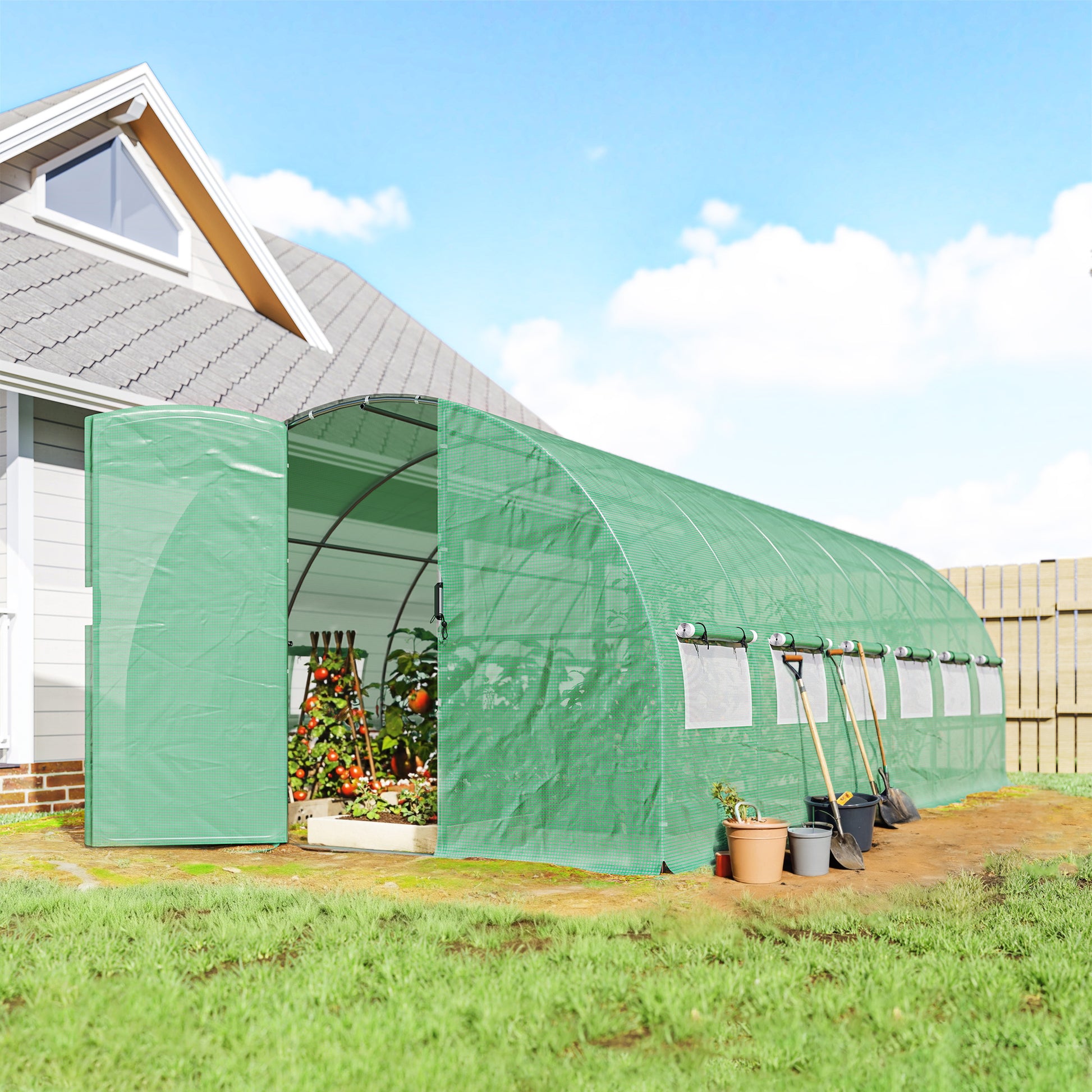 Outsunny Invernadero de Exterior 6x3x2 m, Invernadero de Túnel con Puerta con Bisagras, Ventanas de Malla, Cubierta PE 140g/m² y Marco de Acero Galvanizado, Anti-UV, Impermeable, para Cultivos, Verde