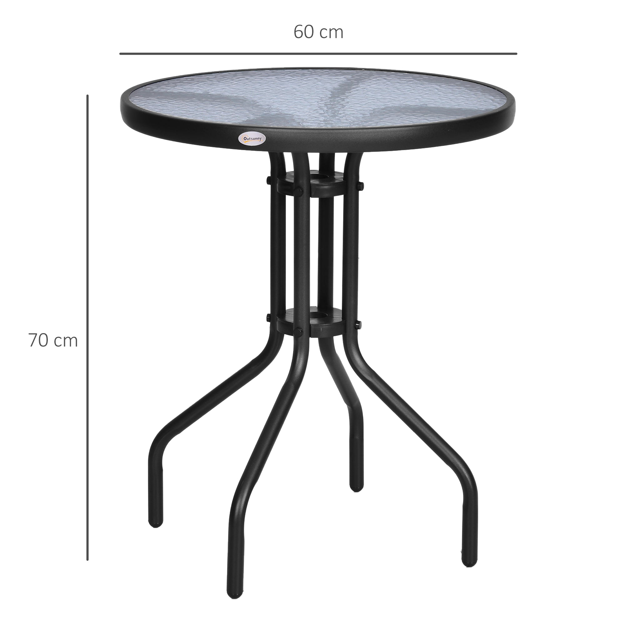 Outsunny Mesa de Jardín Redonda con Encimera de Vidrio Templado Decorativa y Marco de Metal para Patio Terraza Balcón Comedor Ø60x70 cm Negro