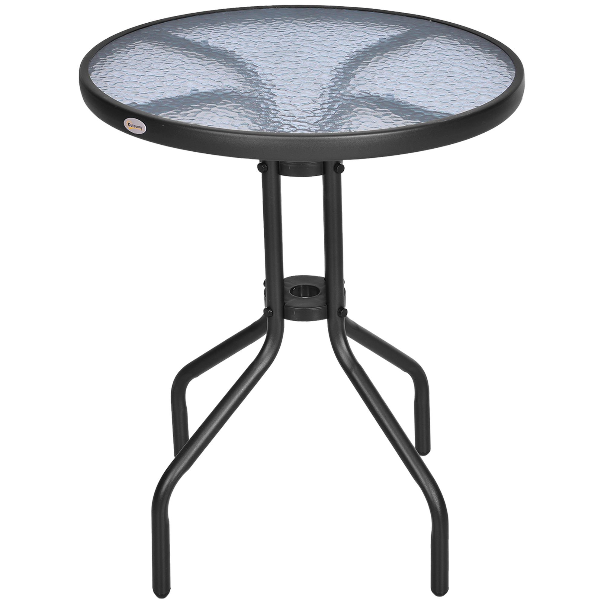 Outsunny Mesa de Jardín Redonda con Encimera de Vidrio Templado Decorativa y Marco de Metal para Patio Terraza Balcón Comedor Ø60x70 cm Negro