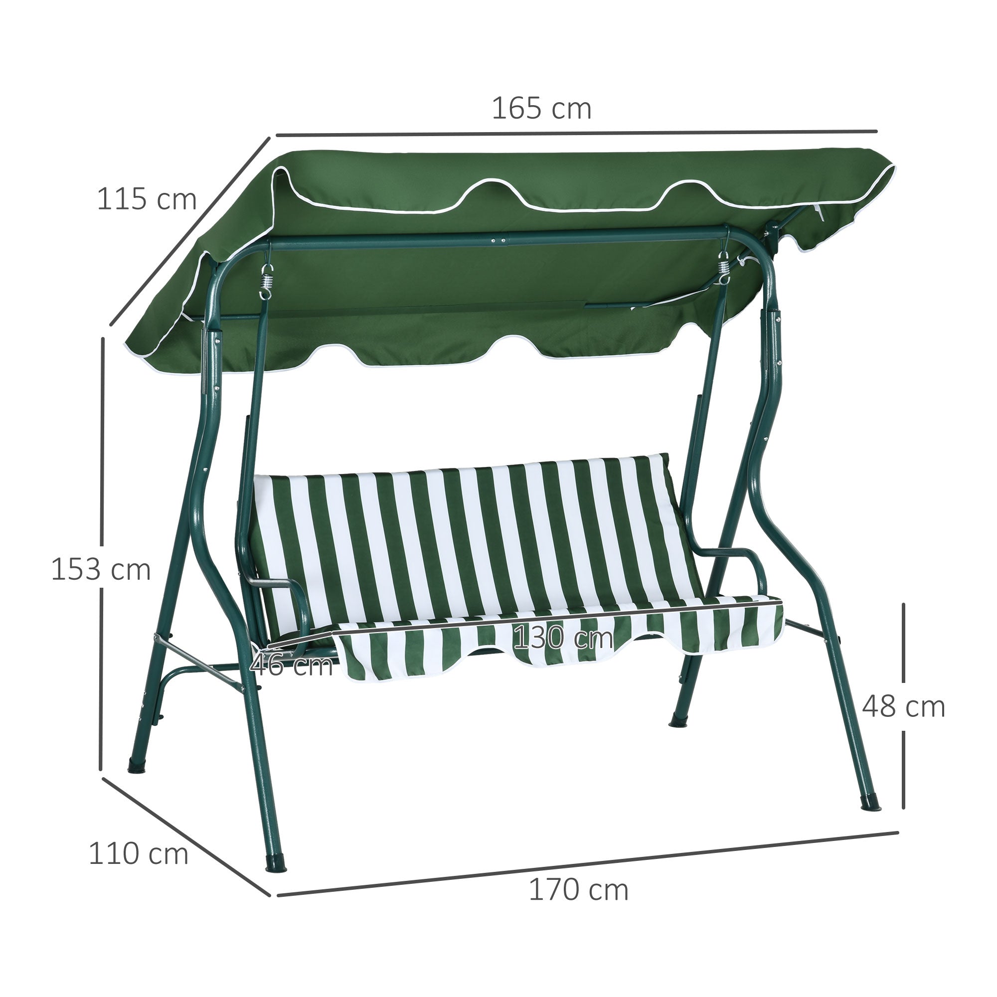 Outsunny Columpio de Jardín de 2-3 Plazas Balancín de Exterior con Toldo Ajustable en Ángulo Impermeable y Marco de Acero para Patio Balcón 170x110x153 cm Verde