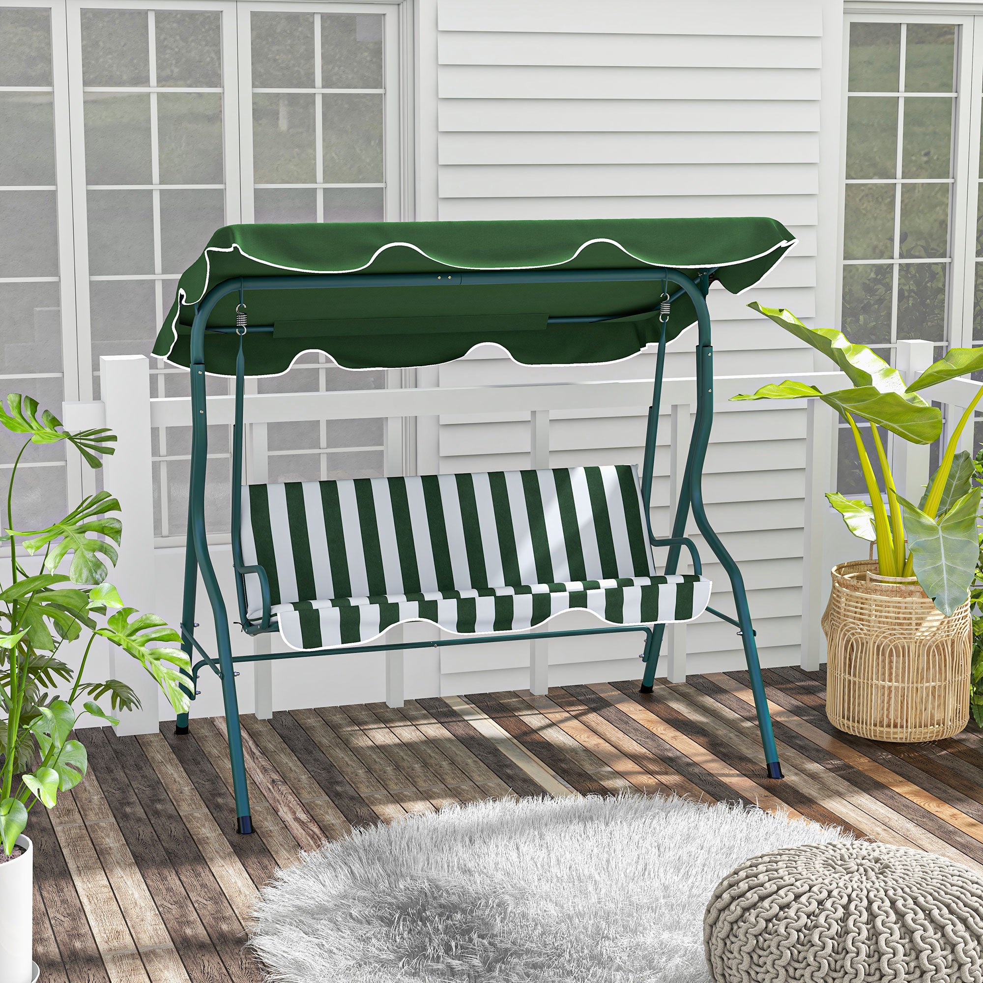 Outsunny Columpio de Jardín de 2-3 Plazas Balancín de Exterior con Toldo Ajustable en Ángulo Impermeable y Marco de Acero para Patio Balcón 170x110x153 cm Verde