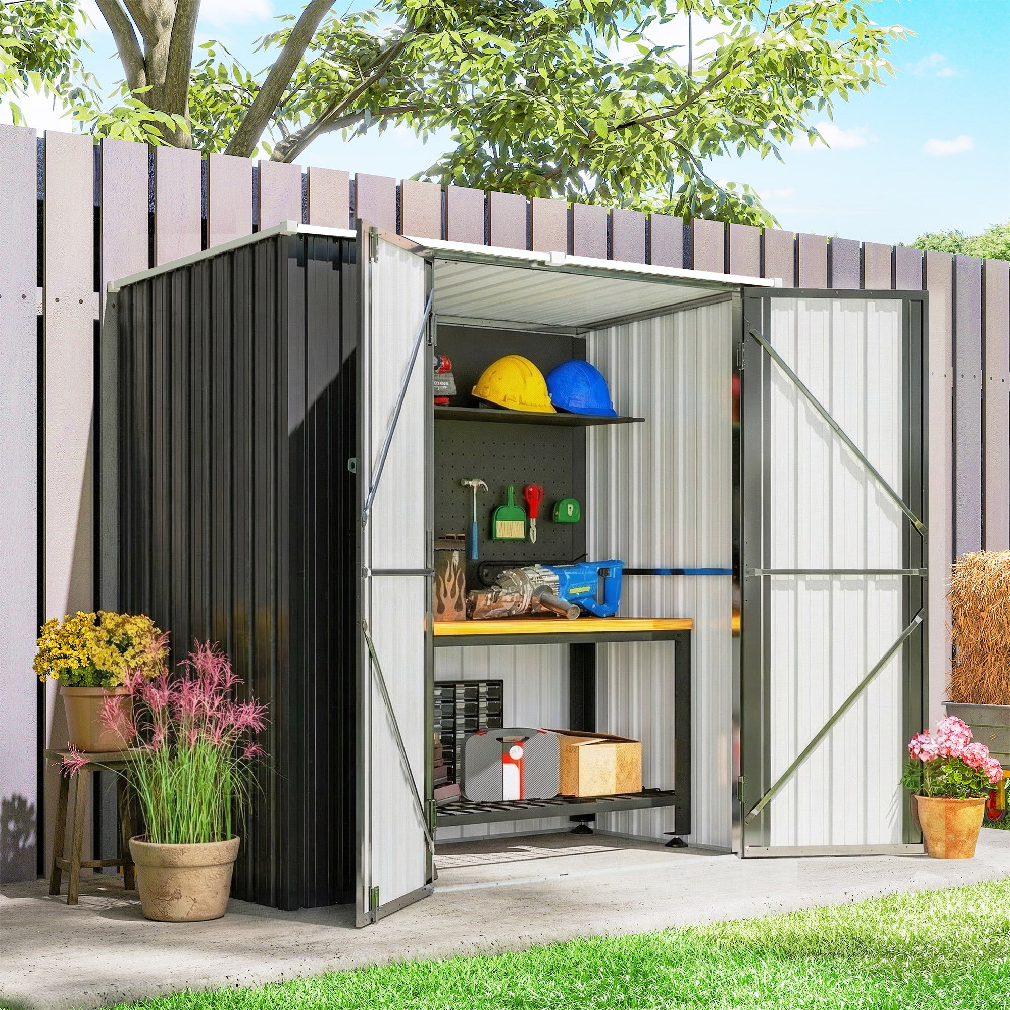 Outsunny Caseta de Jardín Exterior 1,37 m², 163x89x163 cm, Cobertizo de Jardín Exterior Metálico con Techo Inclinado, Puertas con Pestillo y Guantes para Almacenamiento de Herramientas, Gris Oscuro
