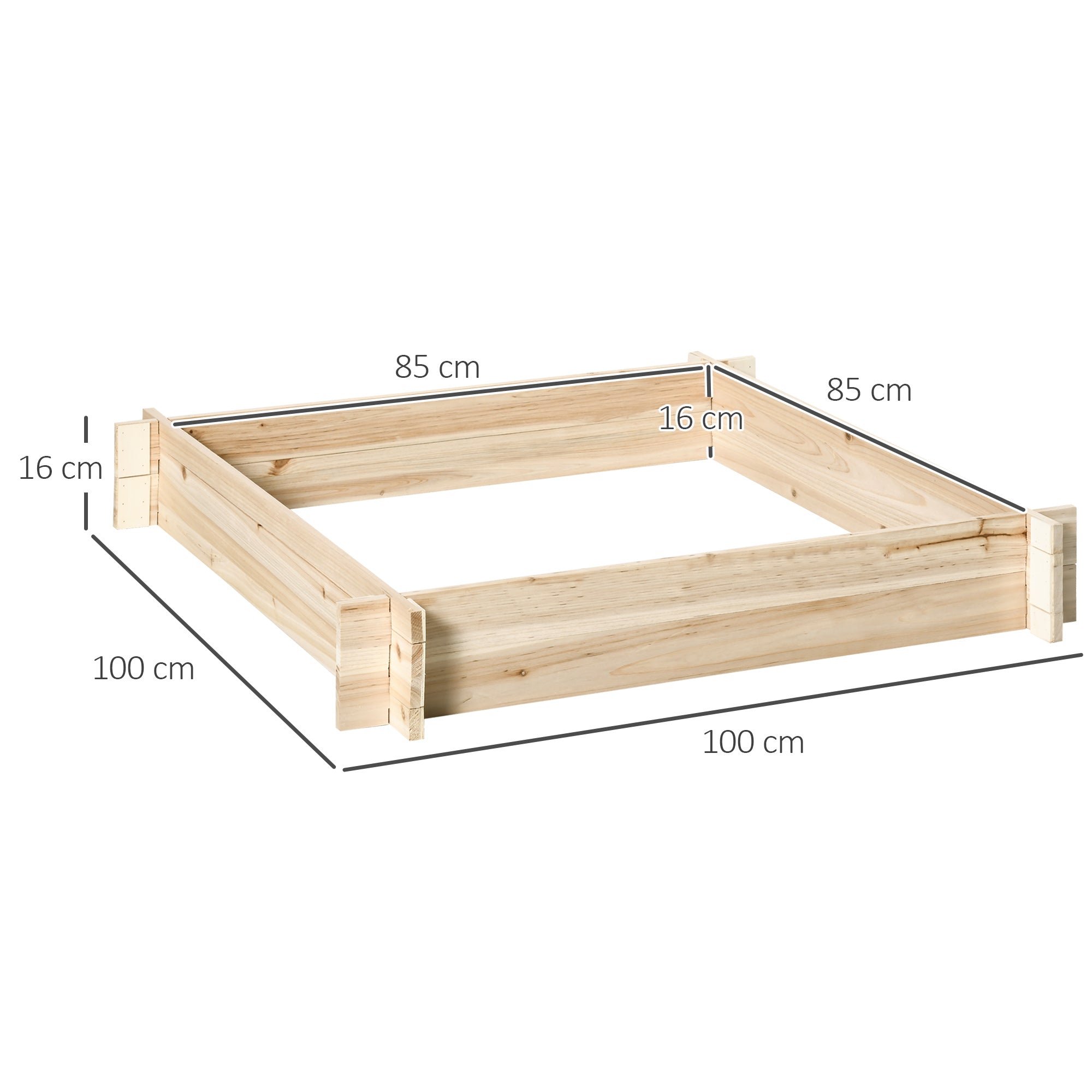 Outsunny Huerto Urbano Arriate de Madera de Jardín Cuadrada Jardinera Macetero para Cultivos Plantas Flores Hierbas Terraza 100x100x16 cm Natural