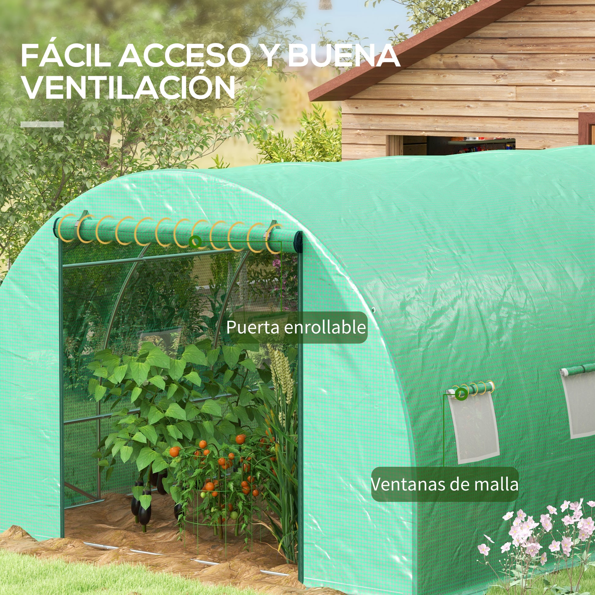 Outsunny Invernadero de Exterior 6x3x2 m, Invernadero de Túnel con Sistema de Riego, Puerta Enrollable, 12 Ventanas de Malla, Cubierta PE y Marco de Acero Galvanizado, Anti-UV, Impermeable, Verde