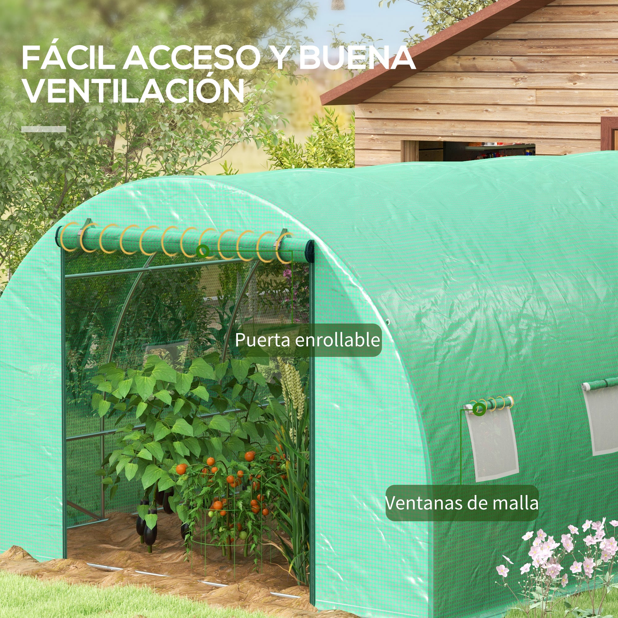 Outsunny Invernadero de Exterior 6x3x2 m, Invernadero de Túnel con Sistema de Riego, Puerta Enrollable, 12 Ventanas de Malla, Cubierta PE y Marco de Acero Galvanizado, Anti-UV, Impermeable, Verde