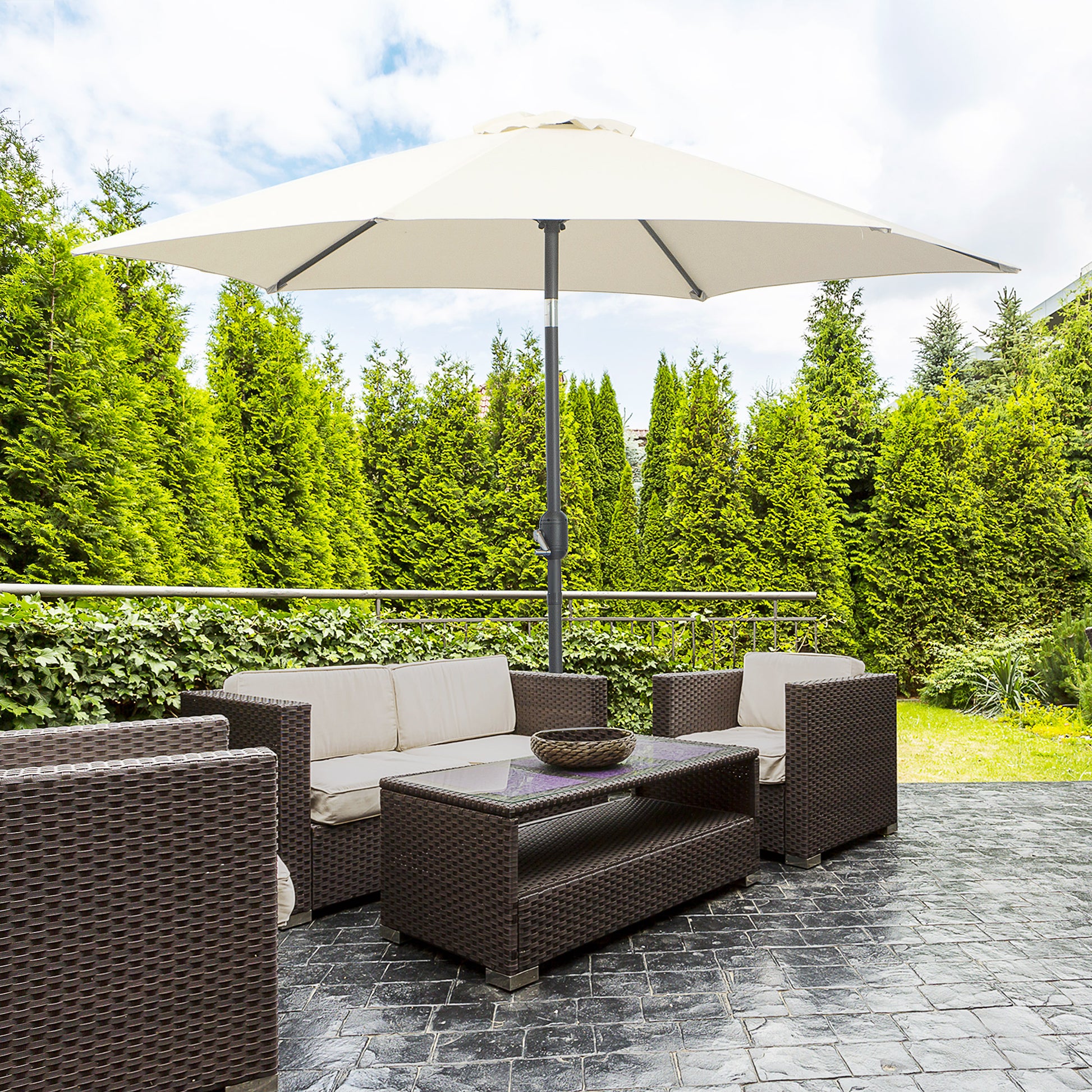 Outsunny Sombrilla para Jardín de Aluminio Ø260x235 cm Parasol de Jardín Reclinable con Manivela y 6 Varillas de Metal para Terraza Exterior Balcón Crema
