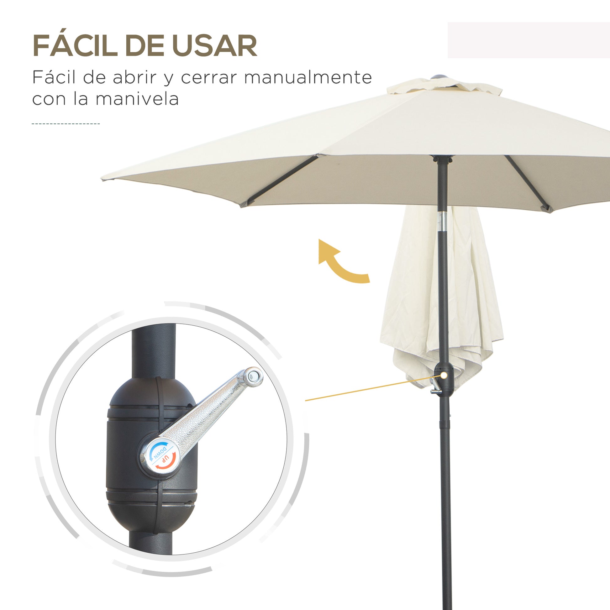 Outsunny Sombrilla para Jardín de Aluminio Ø260x235 cm Parasol de Jardín Reclinable con Manivela y 6 Varillas de Metal para Terraza Exterior Balcón Crema
