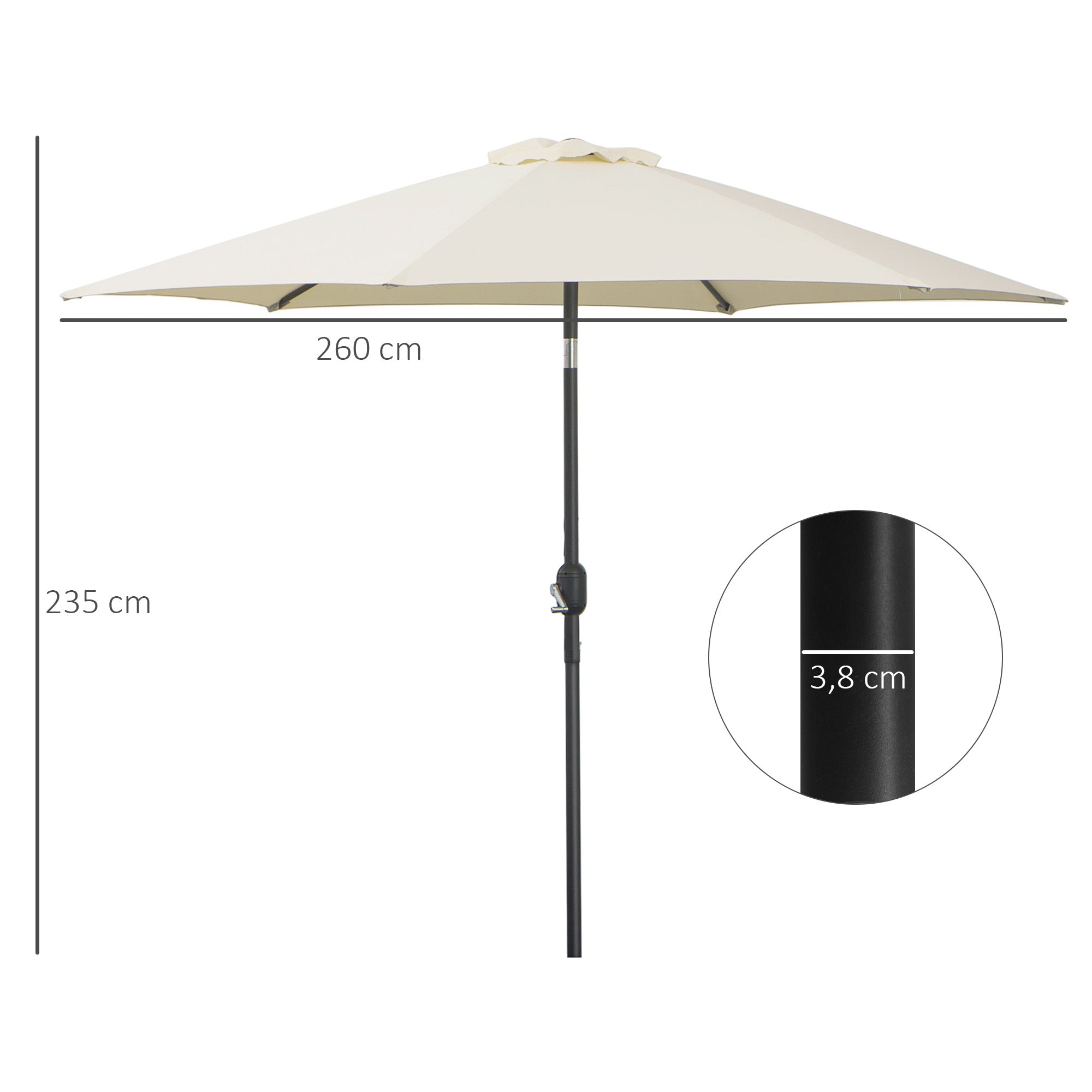 Outsunny Sombrilla para Jardín de Aluminio Ø260x235 cm Parasol de Jardín Reclinable con Manivela y 6 Varillas de Metal para Terraza Exterior Balcón Crema