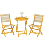Outsunny Conjunto de Mesa y Sillas de Terraza Exterior de Madera 3 Piezas, Muebles de Jardín Exterior con 2 Sillas Plegables, Asiento Respaldo de Cuerda PP, Mesa Redonda para Patio, Balcón, Natural