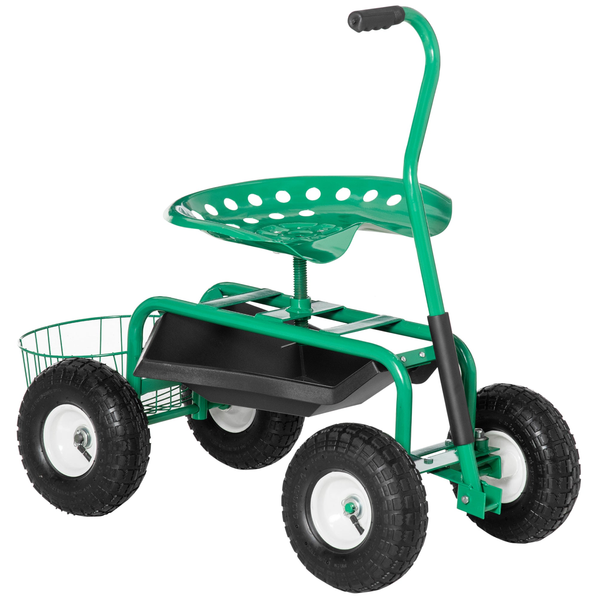 Outsunny Asiento de Jardín con Ruedas, Taburete de Jardinería con Asiento Giratorio y Ajustable en Altura, Ruedas Neumáticas, Bandeja de Herramientas y Cesta, Carga 150 kg para Patio, Exterior, Verde