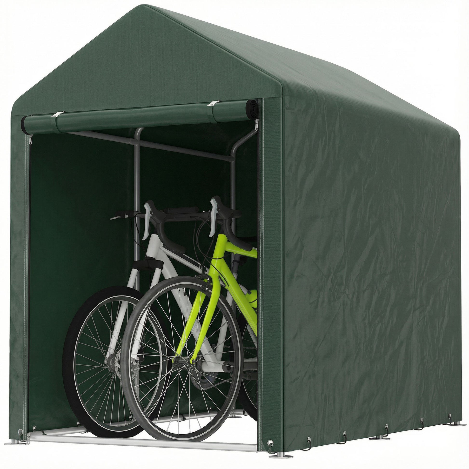 Outsunny Carpa de Jardín Exterior para Herramientas Bicicletas 1,2x1,8x1,65 m, Cobertizo Exterior con 2 Habitaciones, Puerta Enrollable con Cremallera, Impermeable Anti-UV, Garaje Portátil, Verde