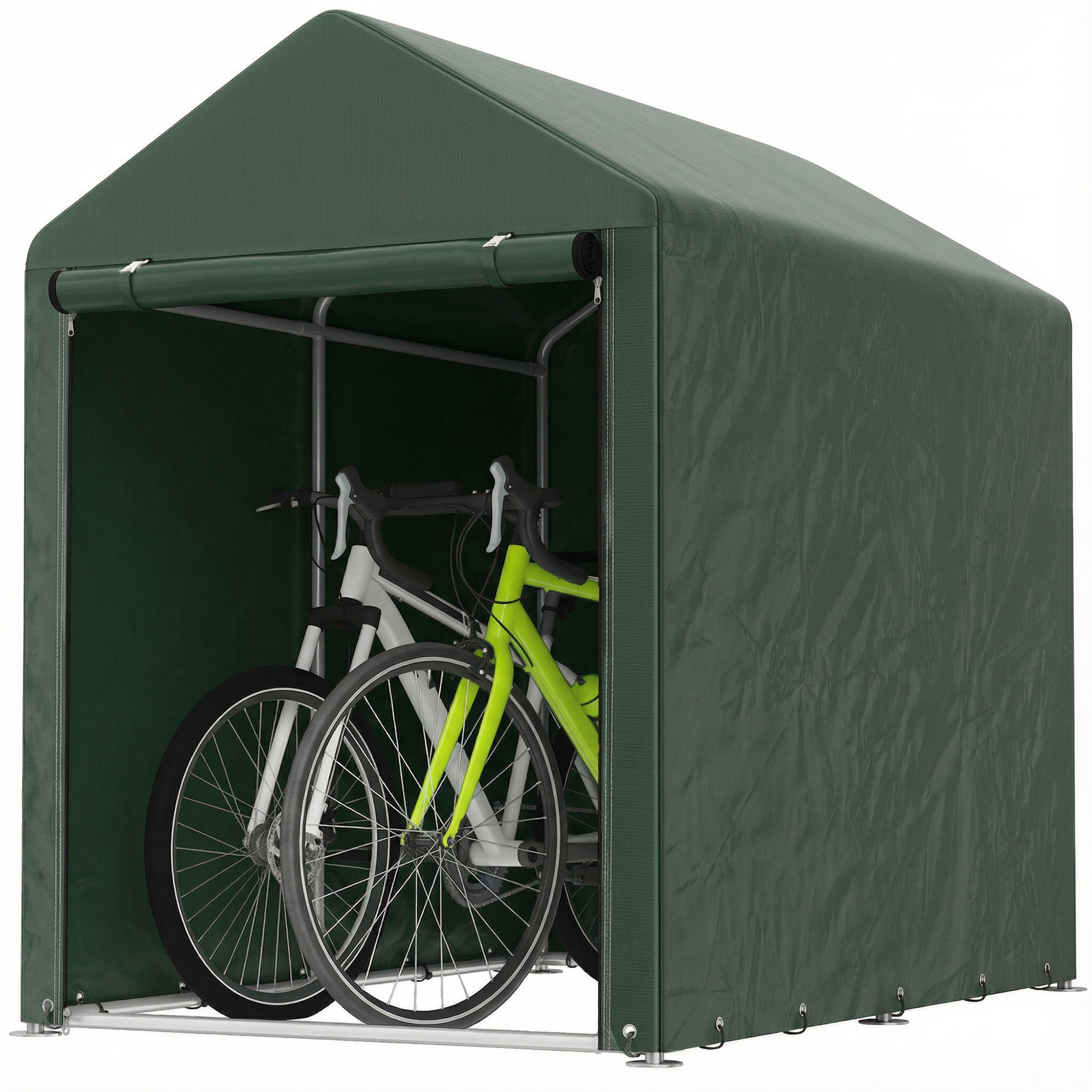 Outsunny Carpa de Jardín Exterior para Herramientas Bicicletas 1,2x1,8x1,65 m, Cobertizo Exterior con 2 Habitaciones, Puerta Enrollable con Cremallera, Impermeable Anti-UV, Garaje Portátil, Verde