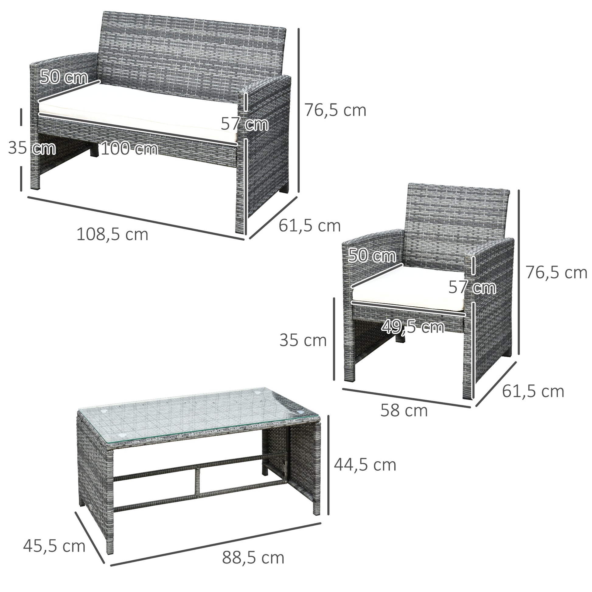 Outsunny Conjunto de Muebles de Jardín de Ratán 4 Piezas Juego de Muebles de Jardín Incluido 1 Sofá de 2 Plazas 2 Sillones y 1 Mesa de Centro con Tablero de Vidrio para Terraza Gris