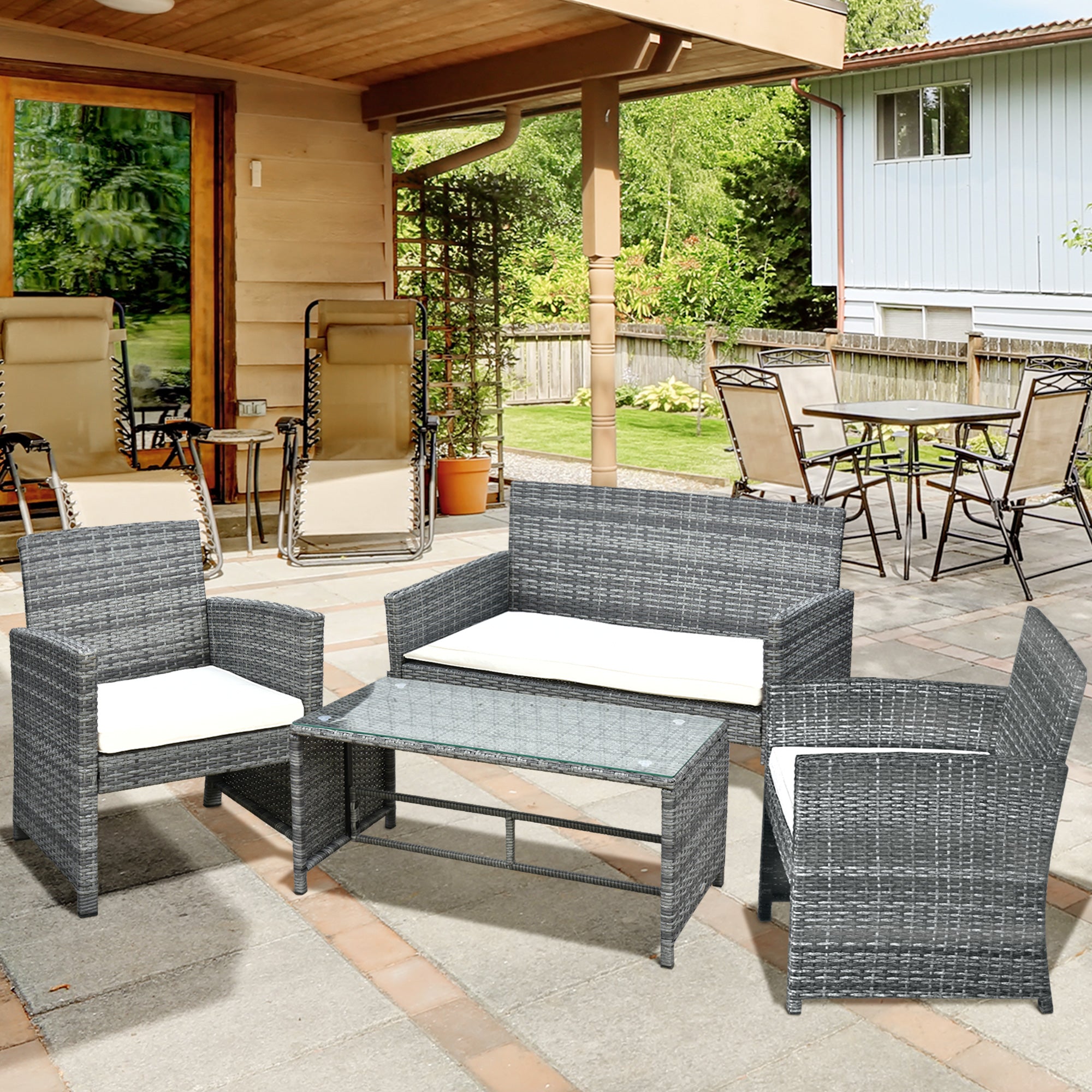 Outsunny Conjunto de Muebles de Jardín de Ratán 4 Piezas Juego de Muebles de Jardín Incluido 1 Sofá de 2 Plazas 2 Sillones y 1 Mesa de Centro con Tablero de Vidrio para Terraza Gris