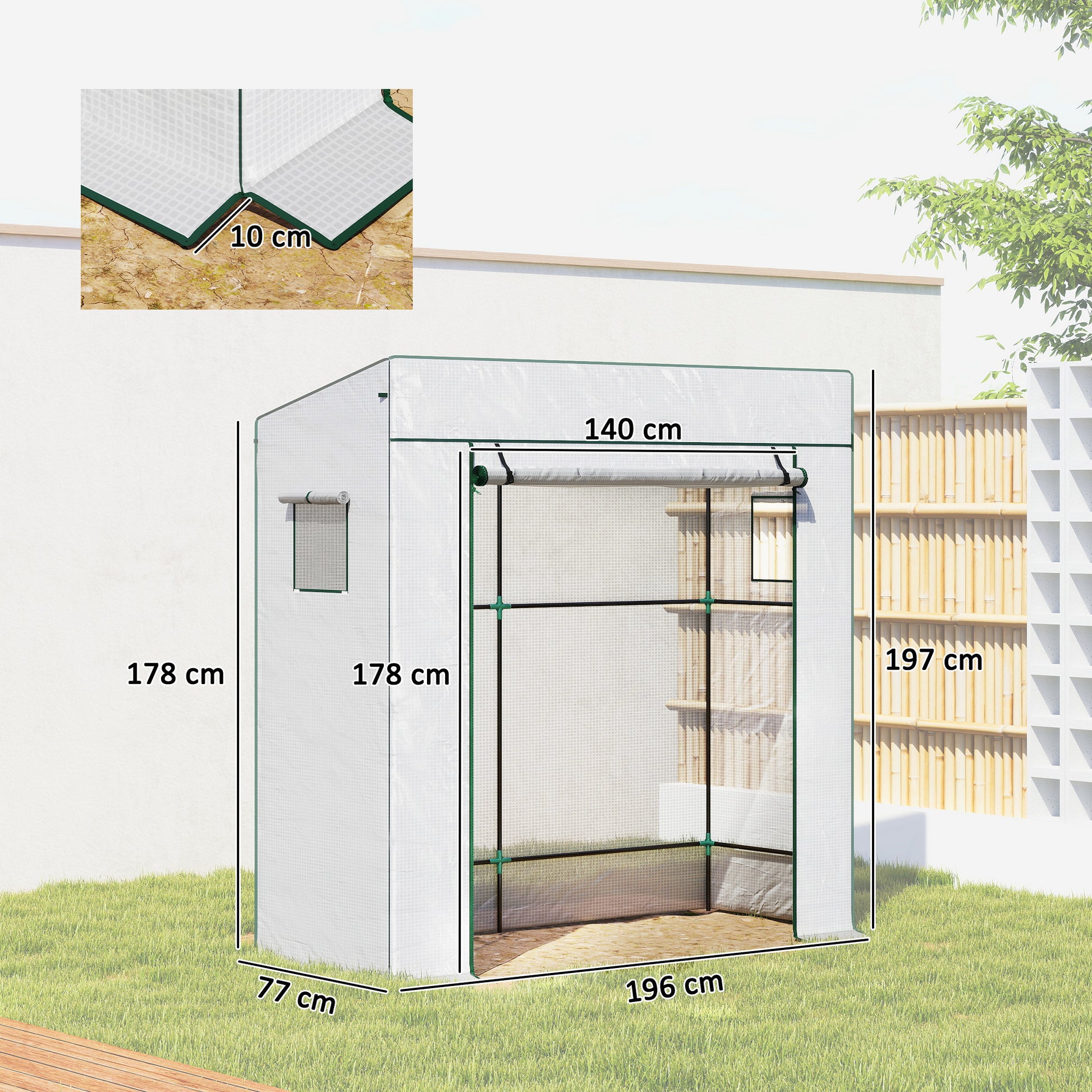 Outsunny Invernadero Pequeño Invernadero de Exterior con Ventanas de Malla y Puerta con Cremallera Marco de Acero y Cubierta de PE 140g/m² para Cultivar Tomates Plantas Flores 196x77x197 cm Blanco