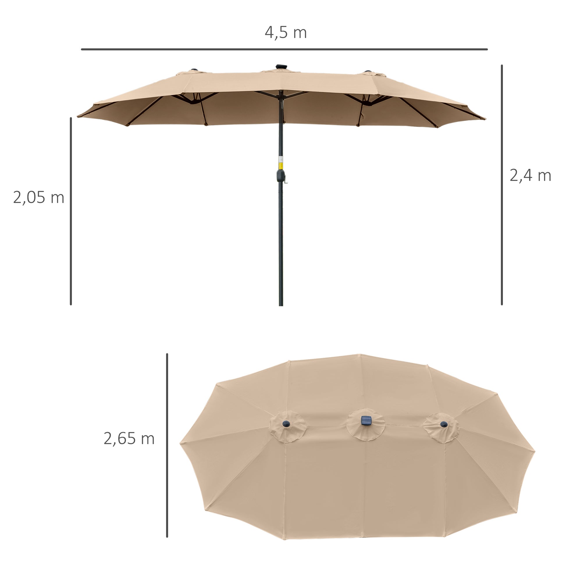 Outsunny Sombrilla Doble de Jardín con 48 Luces LED Solar 450x265x240 cm Parasol para Patio con Manivela Protección Solar para Terraza Balcón Piscina Caqui