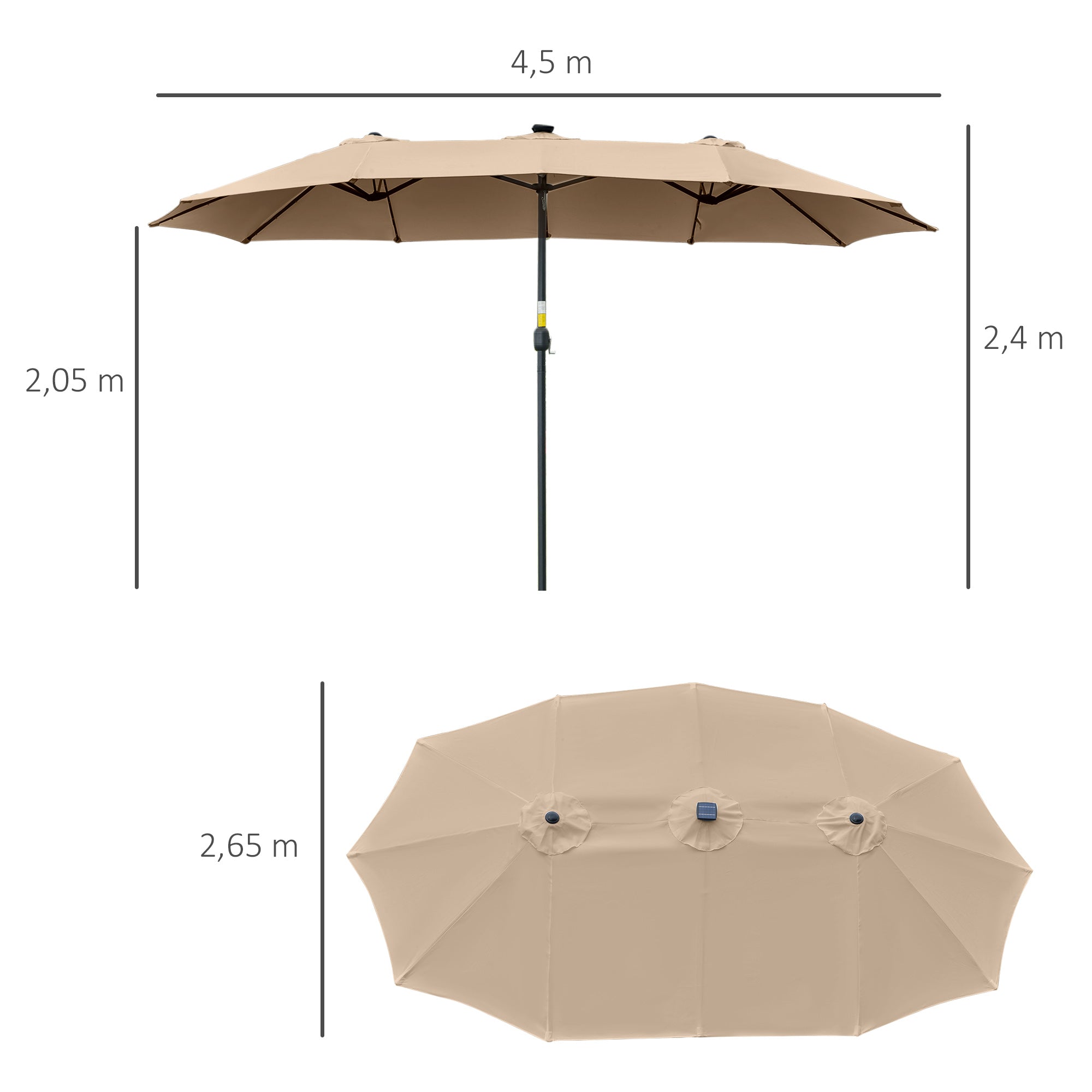 Outsunny Sombrilla Doble de Jardín con 48 Luces LED Solar 450x265x240 cm Parasol para Patio con Manivela Protección Solar para Terraza Balcón Piscina Caqui