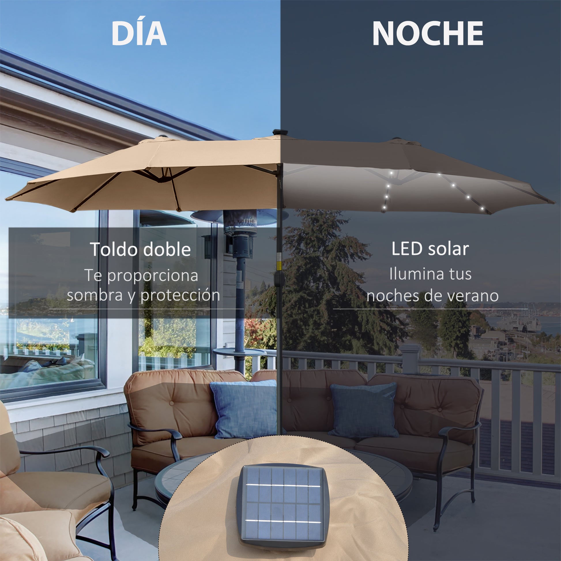 Outsunny Sombrilla Doble de Jardín con 48 Luces LED Solar 450x265x240 cm Parasol para Patio con Manivela Protección Solar para Terraza Balcón Piscina Caqui