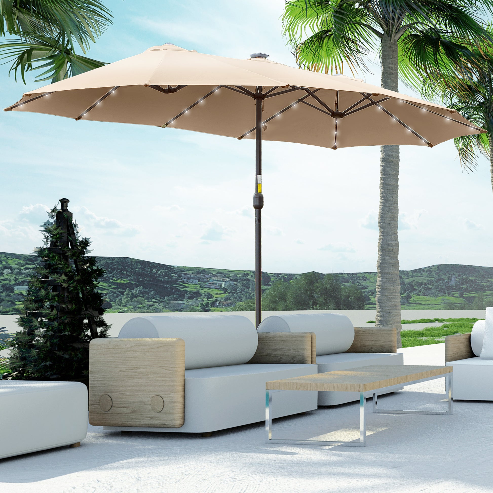 Outsunny Sombrilla Doble de Jardín con 48 Luces LED Solar 450x265x240 cm Parasol para Patio con Manivela Protección Solar para Terraza Balcón Piscina Caqui