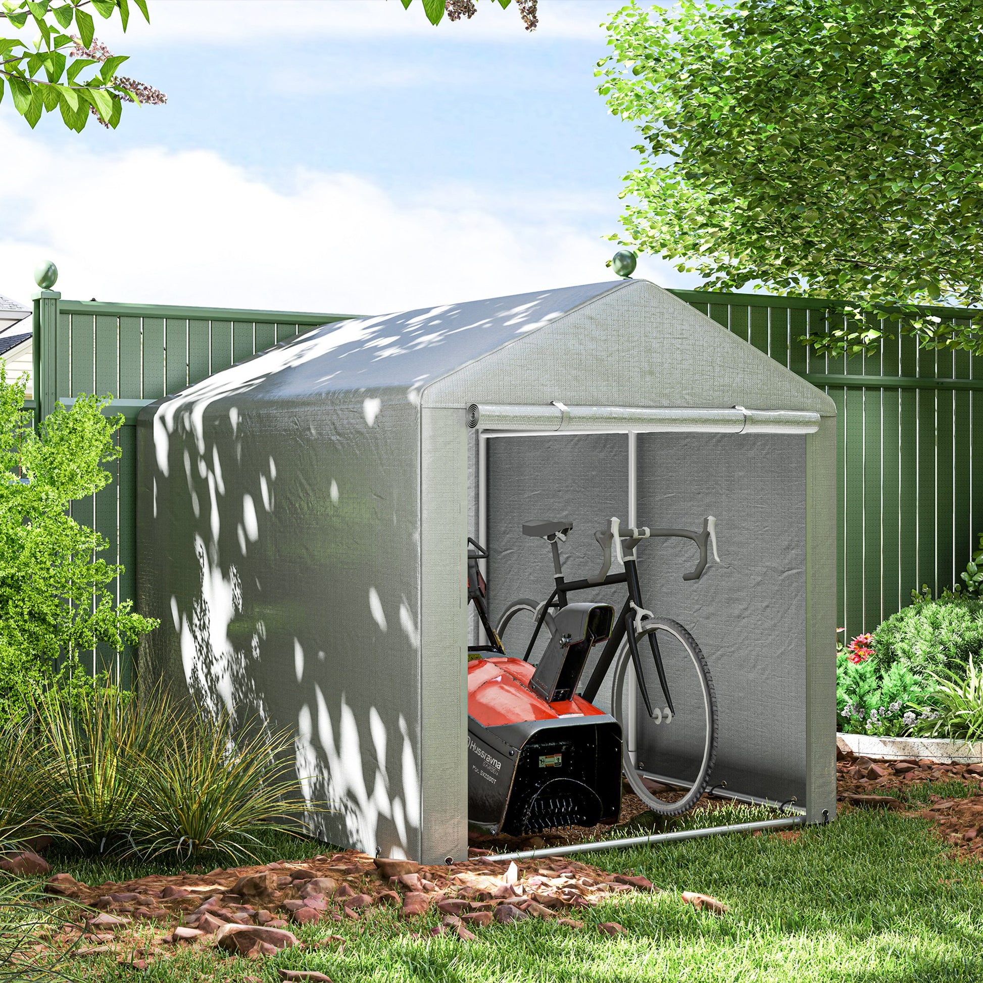 Outsunny Carpa de Jardín Exterior para Herramientas Bicicletas 1,6x2,2x1,7 m, Cobertizo Exterior con 2 Habitaciones, Puerta Enrollable con Cremallera, Impermeable Anti-UV, Garaje Portátil, Gris Claro