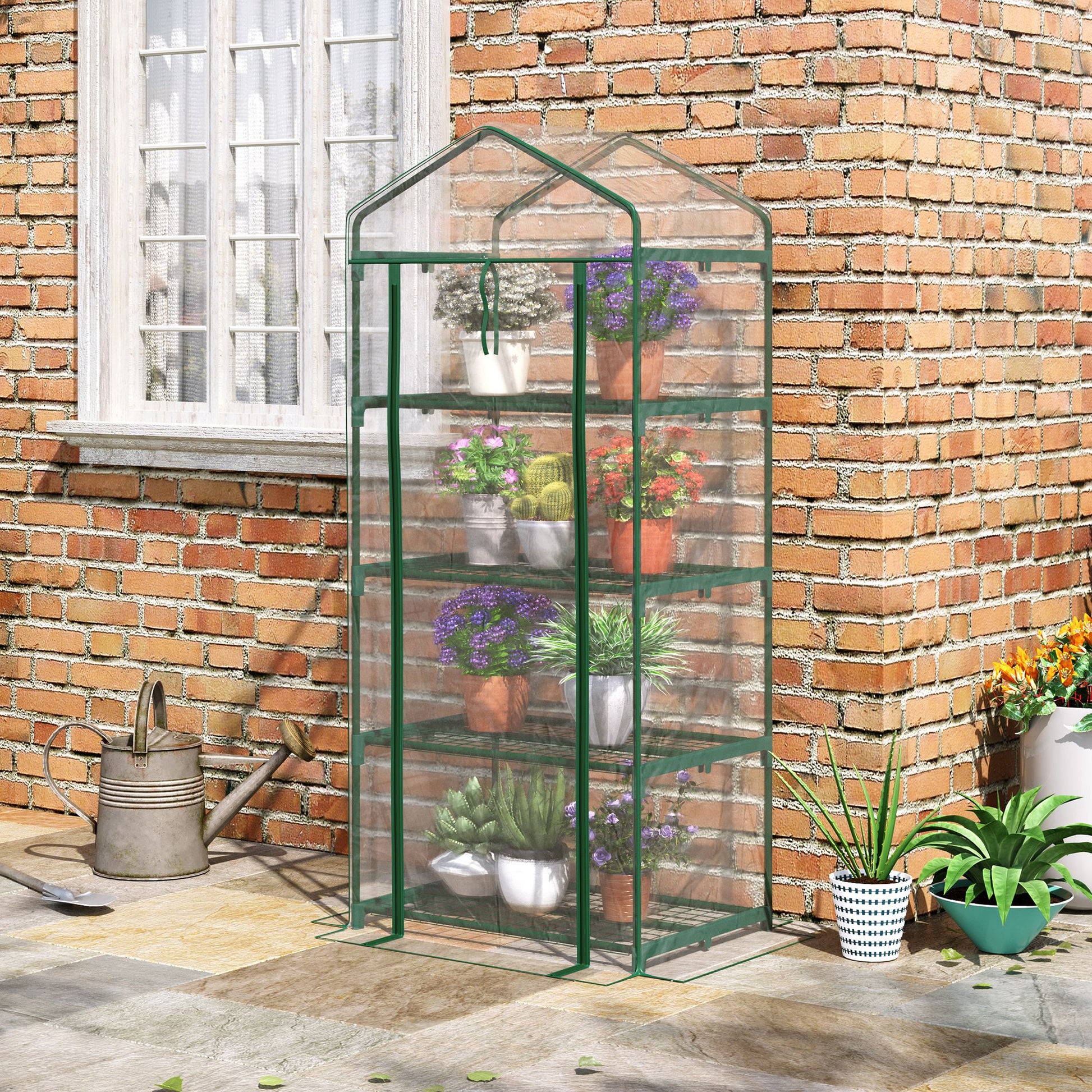 Outsunny Invernadero de Jardín con 4 Estantes Metálicos Tipo Caseta de Tubo Acero Vivero Casero para Cultivo de Plantas Flores Macetas 70x50x160 cm Transparente