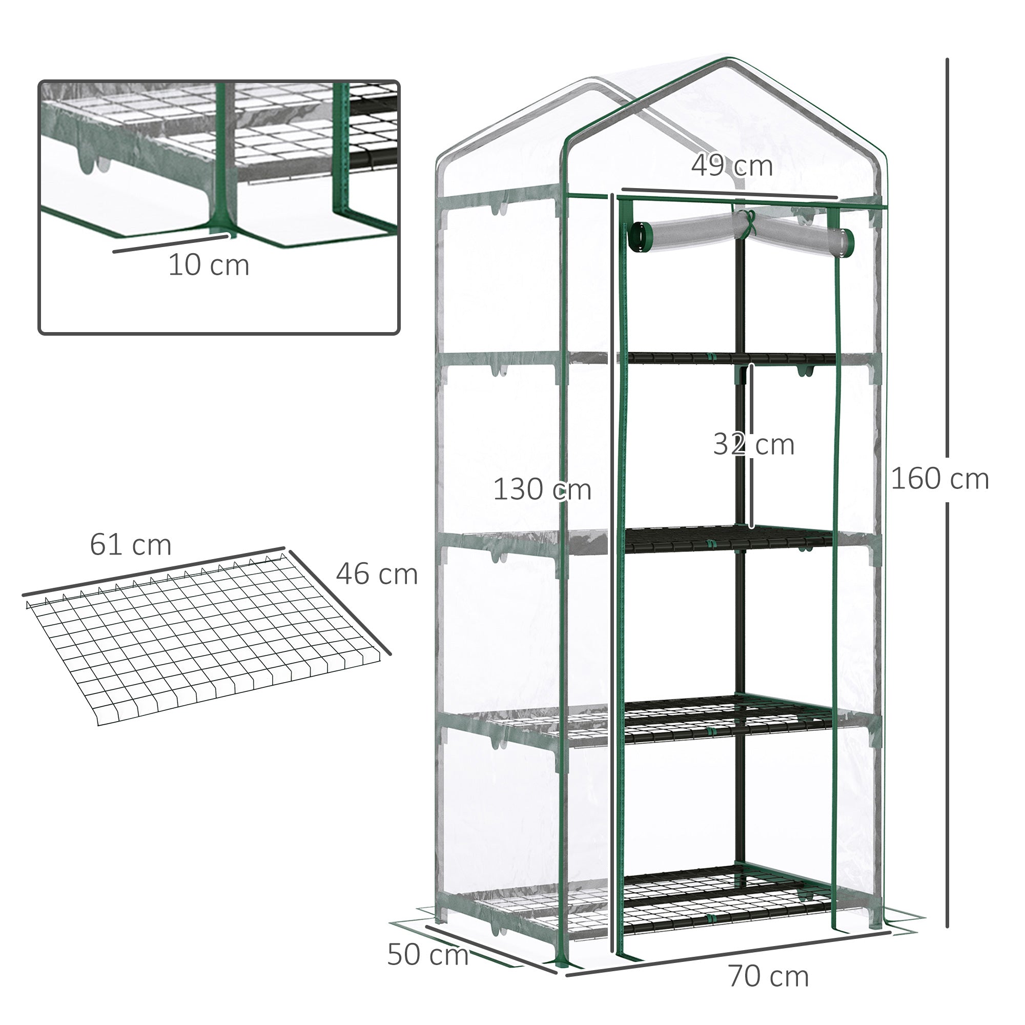 Outsunny Invernadero de Jardín con 4 Estantes Metálicos Tipo Caseta de Tubo Acero Vivero Casero para Cultivo de Plantas Flores Macetas 70x50x160 cm Transparente
