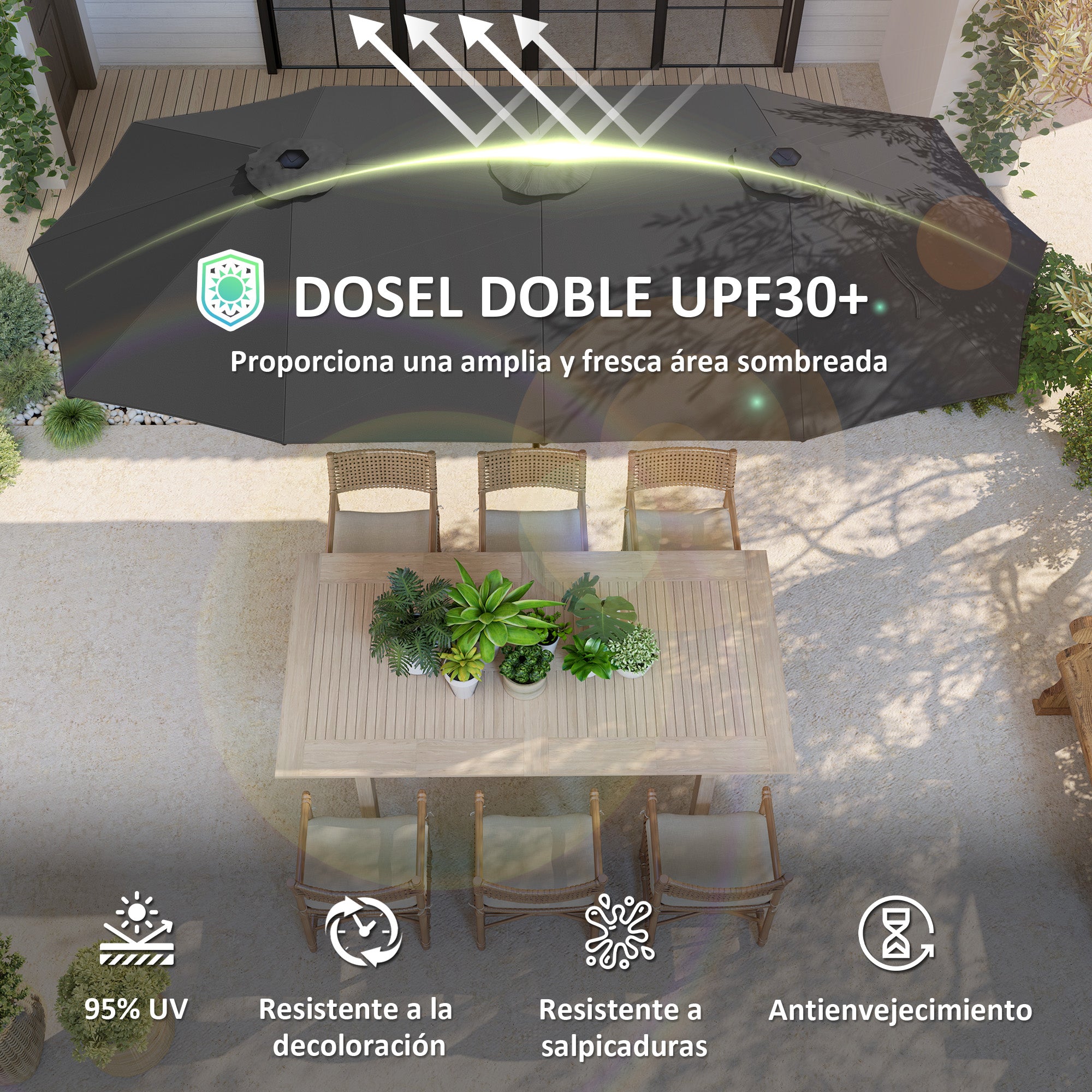 Outsunny Sombrilla Doble 4x2,2 m Sombrilla Terraza Exterior con Manivela Manual Impermeable y Protección UV30+ Parasol Grande para Terraza Playa Piscina Gris Oscuro