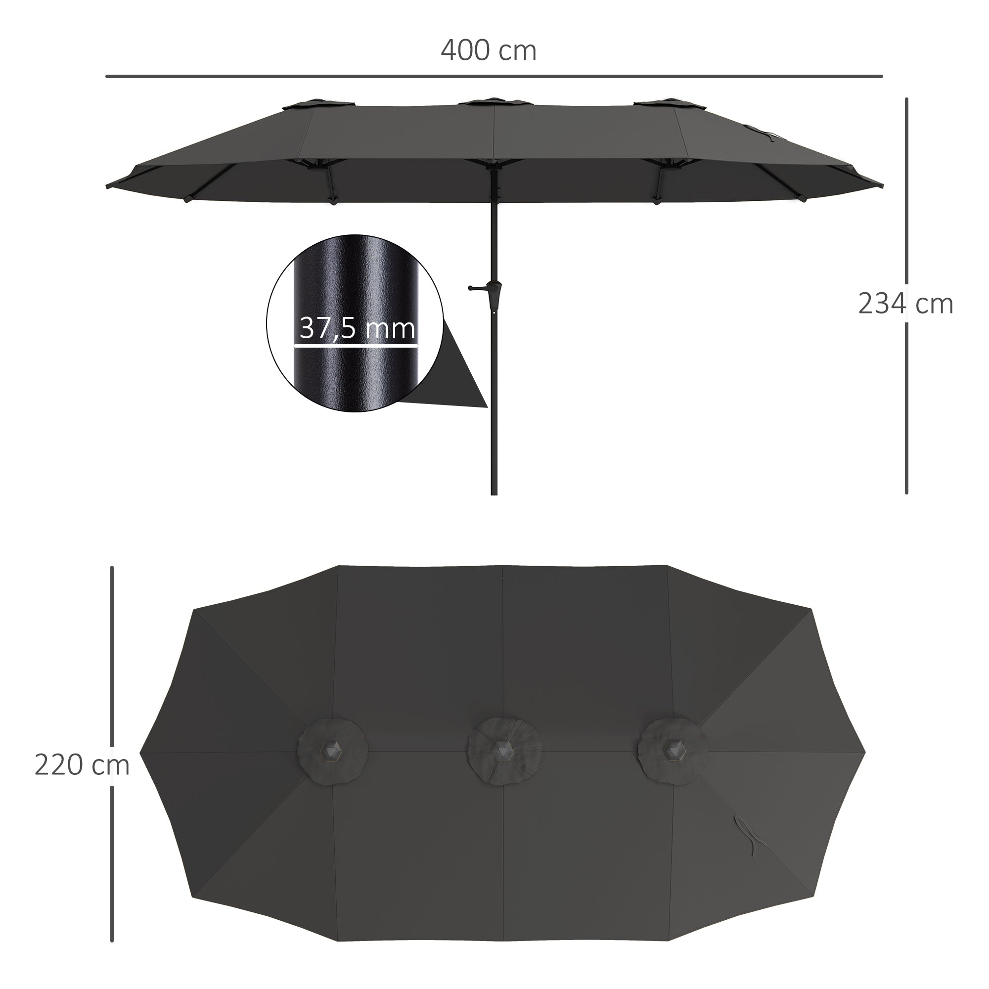 Outsunny Sombrilla Doble 4x2,2 m Sombrilla Terraza Exterior con Manivela Manual Impermeable y Protección UV30+ Parasol Grande para Terraza Playa Piscina Gris Oscuro