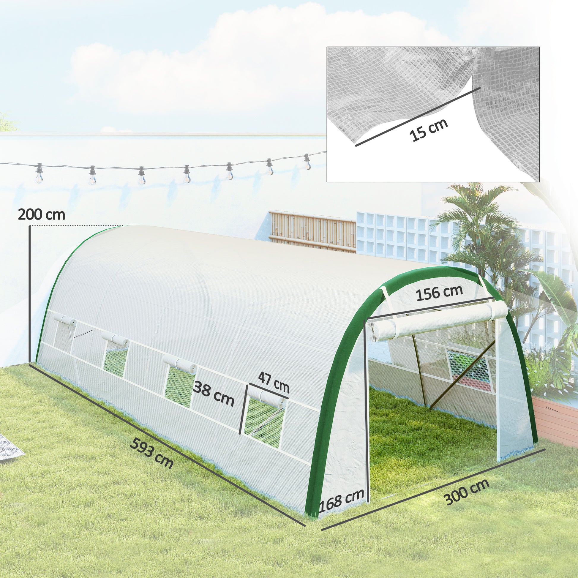 Outsunny Invernadero de Exterior 6x3x2 m, Invernadero de Túnel con Puerta Enrollable, 8 Ventanas de Malla, Cubierta PE 140g/m², Marco de Acero Galvanizado, Anti-UV, para Cultivos, Plantas, Blanco