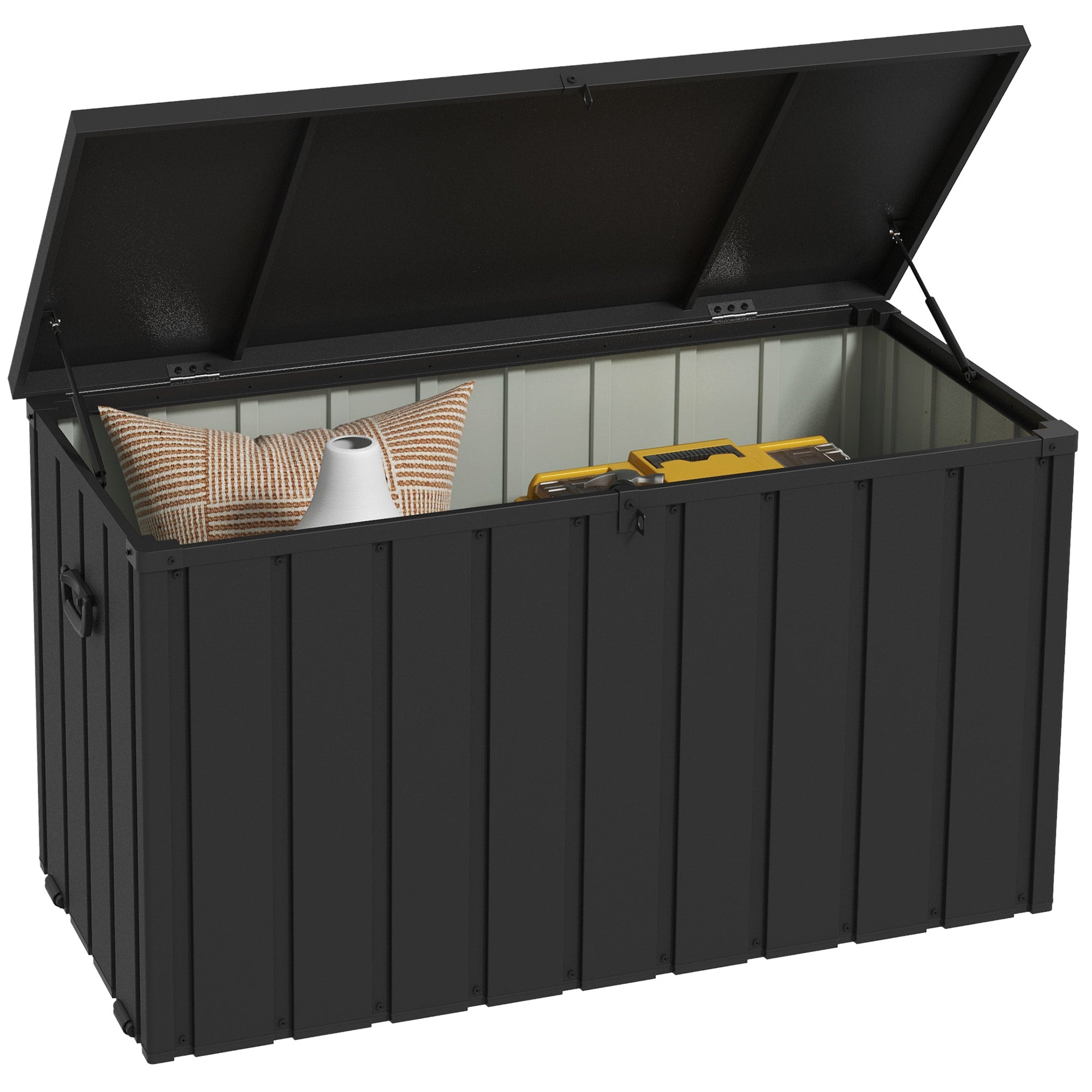 Outsunny Arcón Exterior Capacidad 450L, Baúl Almacenaje Exterior de Acero con 4 Ruedas, 2 Asas y Tapa Bloqueable, Resistente a la Intemperie, para Jardín, Terraza, Patio, 125,5x61,5x70 cm, Gris Oscuro