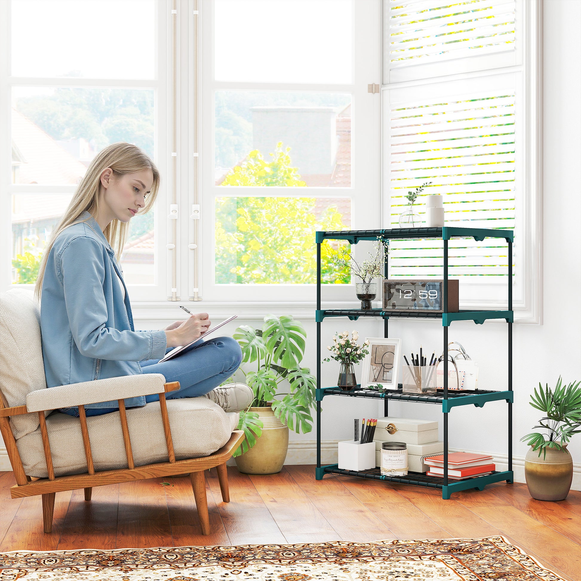 Outsunny Soporte para Plantas de 4 Niveles, Estantería para Plantas de Acero, Estantes de Rejilla, Soporte para Macetas, Interior y Exterior, 67x49x105 cm, Verde Oscuro