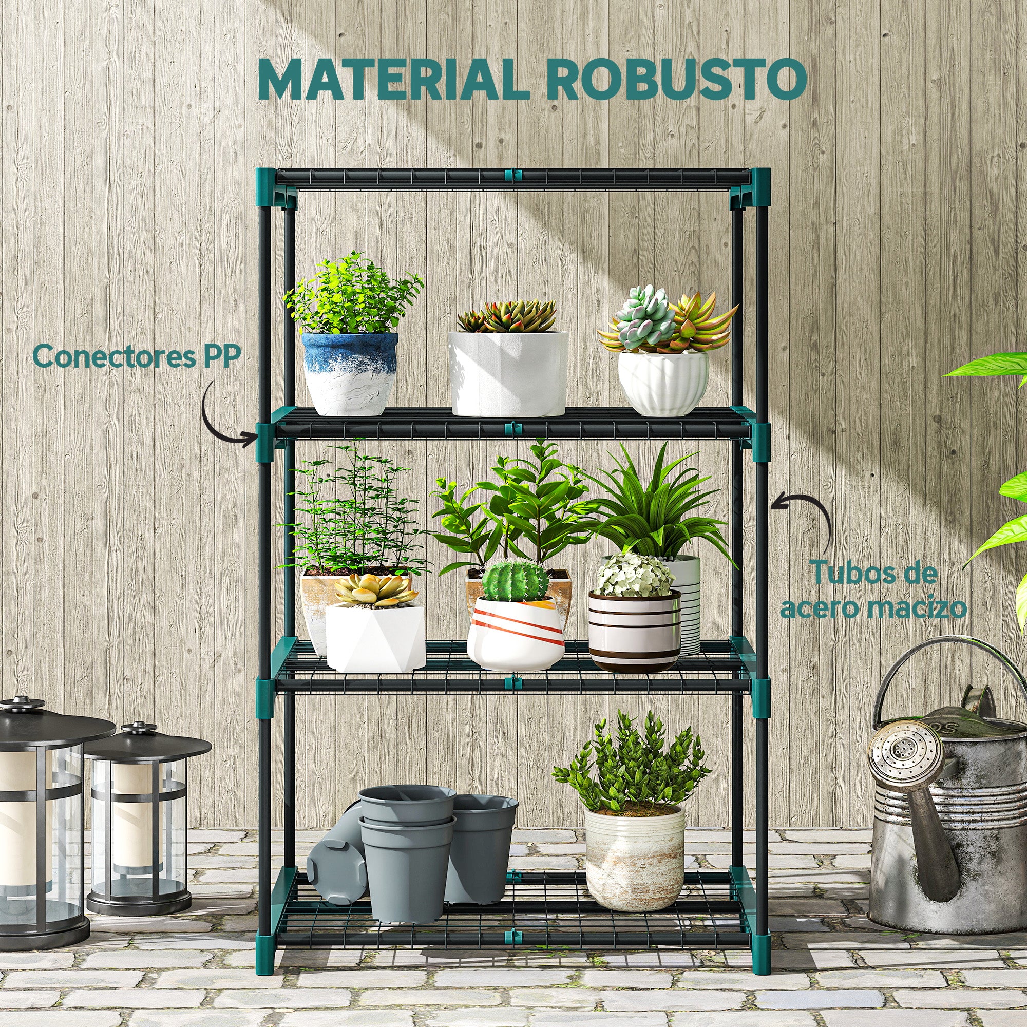 Outsunny Soporte para Plantas de 4 Niveles, Estantería para Plantas de Acero, Estantes de Rejilla, Soporte para Macetas, Interior y Exterior, 67x49x105 cm, Verde Oscuro