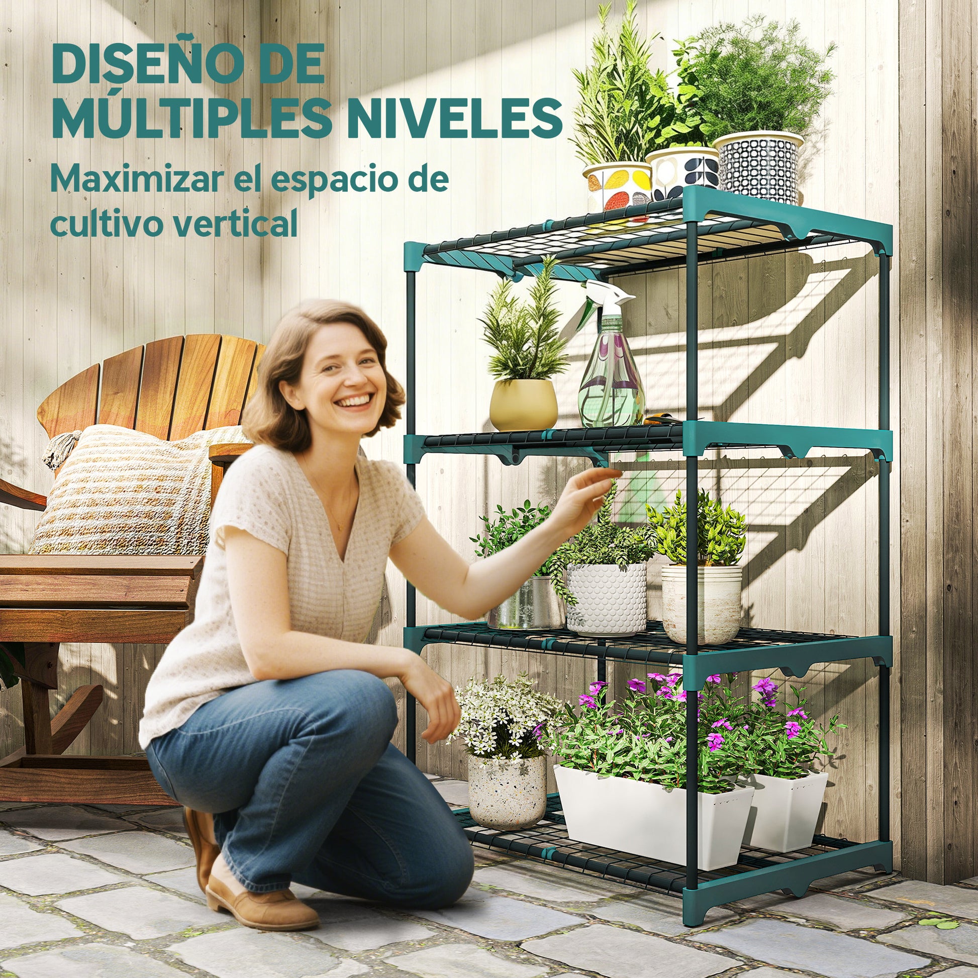 Outsunny Soporte para Plantas de 4 Niveles, Estantería para Plantas de Acero, Estantes de Rejilla, Soporte para Macetas, Interior y Exterior, 67x49x105 cm, Verde Oscuro