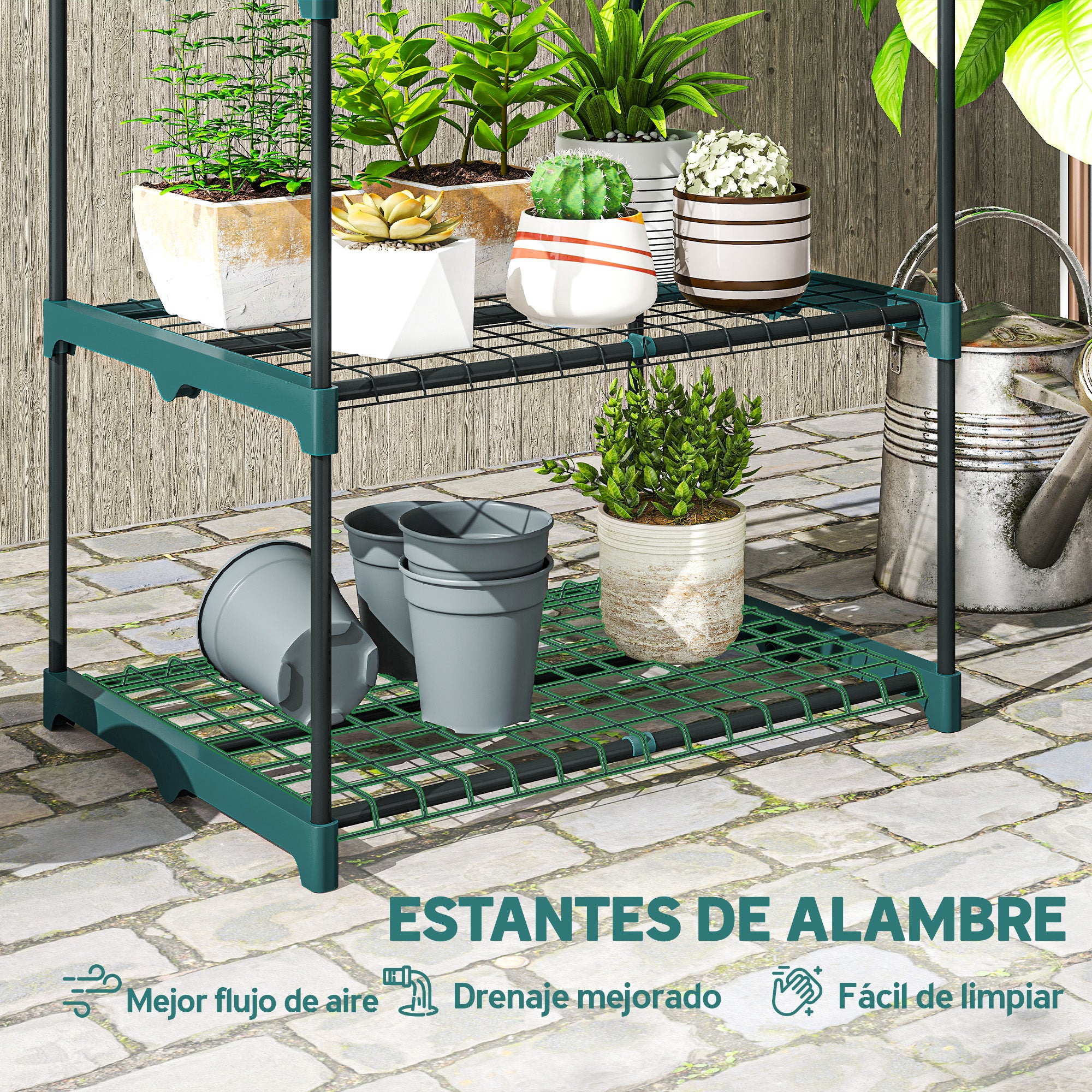 Outsunny Soporte para Plantas de 4 Niveles, Estantería para Plantas de Acero, Estantes de Rejilla, Soporte para Macetas, Interior y Exterior, 67x49x105 cm, Verde Oscuro