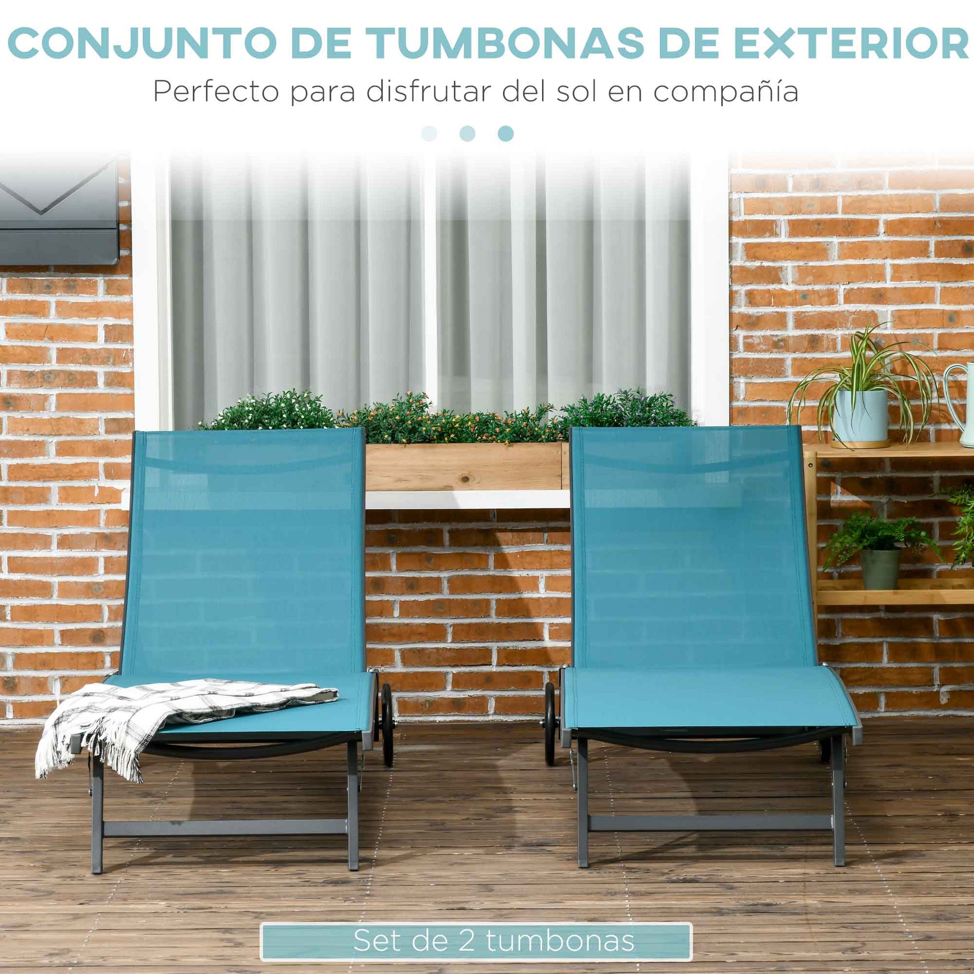 Outsunny Pack de 2 Tumbonas de Jardín Exterior Tumbonas Reclinables de Aluminio con Respaldo Ajustable de 5 Niveles y Ruedas para Playa Piscina 165x66x102 cm Azul y Gris