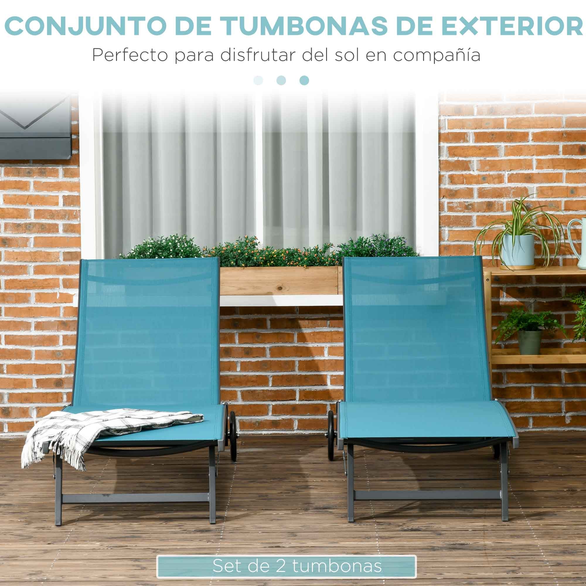 Outsunny Pack de 2 Tumbonas de Jardín Exterior Tumbonas Reclinables de Aluminio con Respaldo Ajustable de 5 Niveles y Ruedas para Playa Piscina 165x66x102 cm Azul y Gris