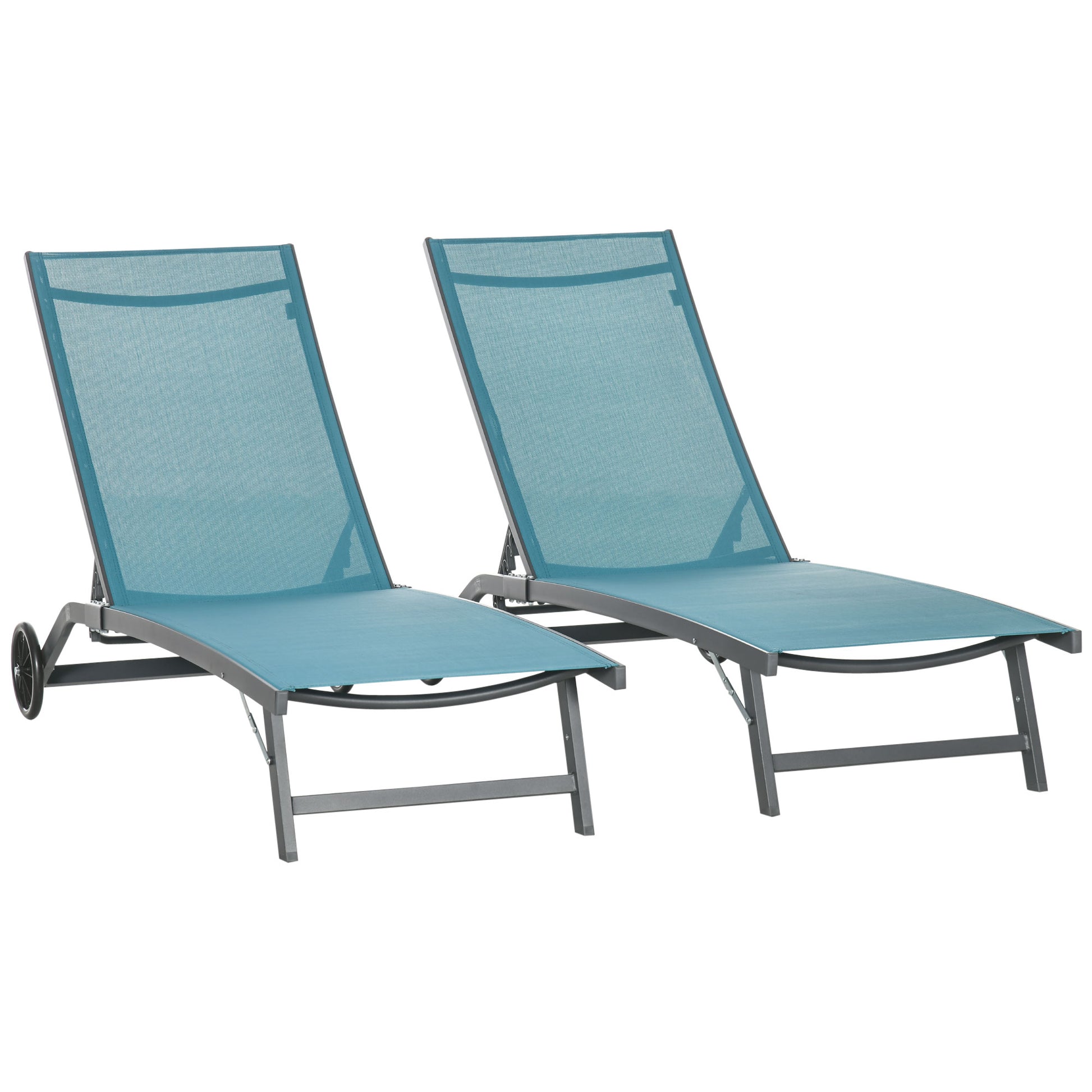 Outsunny Pack de 2 Tumbonas de Jardín Exterior Tumbonas Reclinables de Aluminio con Respaldo Ajustable de 5 Niveles y Ruedas para Playa Piscina 165x66x102 cm Azul y Gris