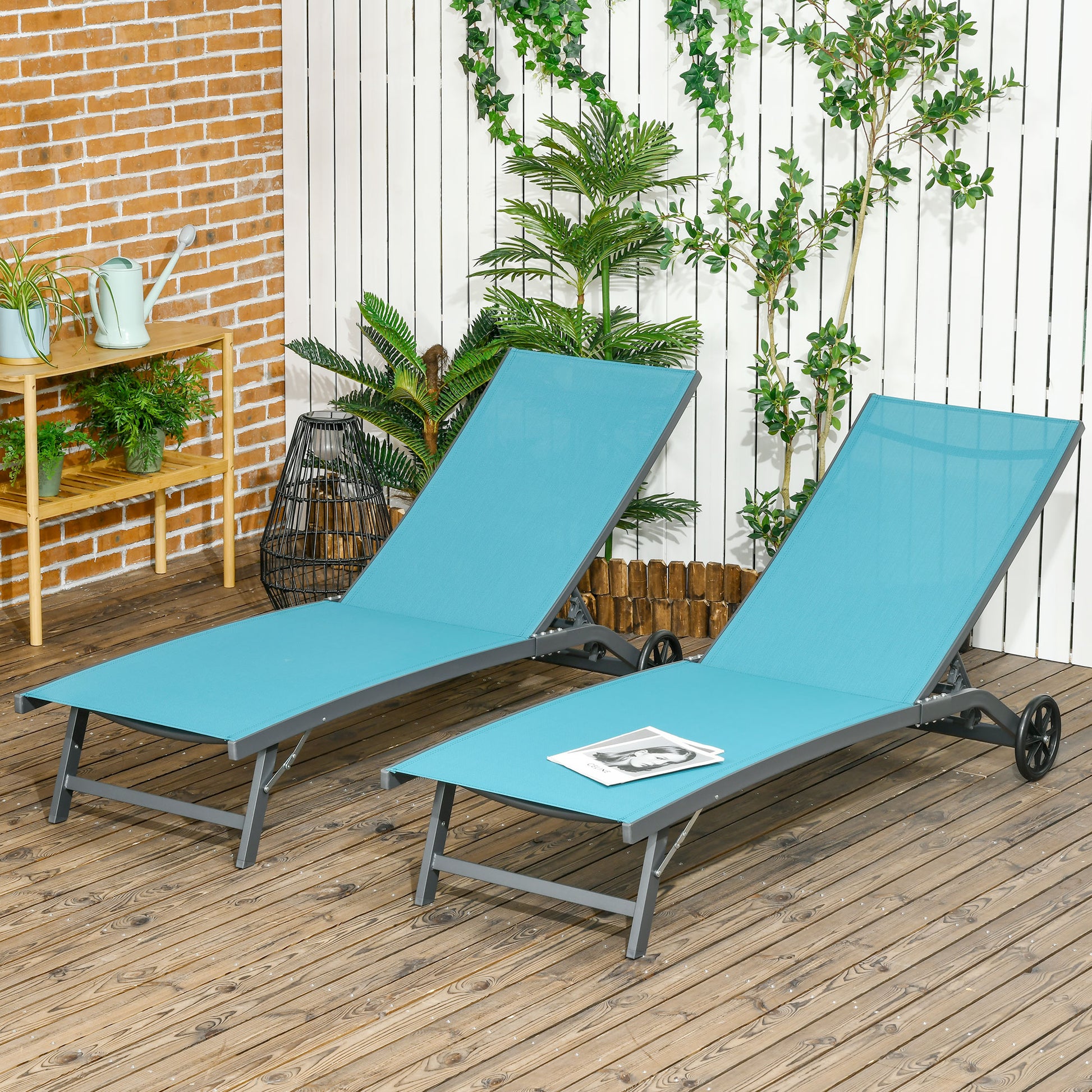 Outsunny Pack de 2 Tumbonas de Jardín Exterior Tumbonas Reclinables de Aluminio con Respaldo Ajustable de 5 Niveles y Ruedas para Playa Piscina 165x66x102 cm Azul y Gris