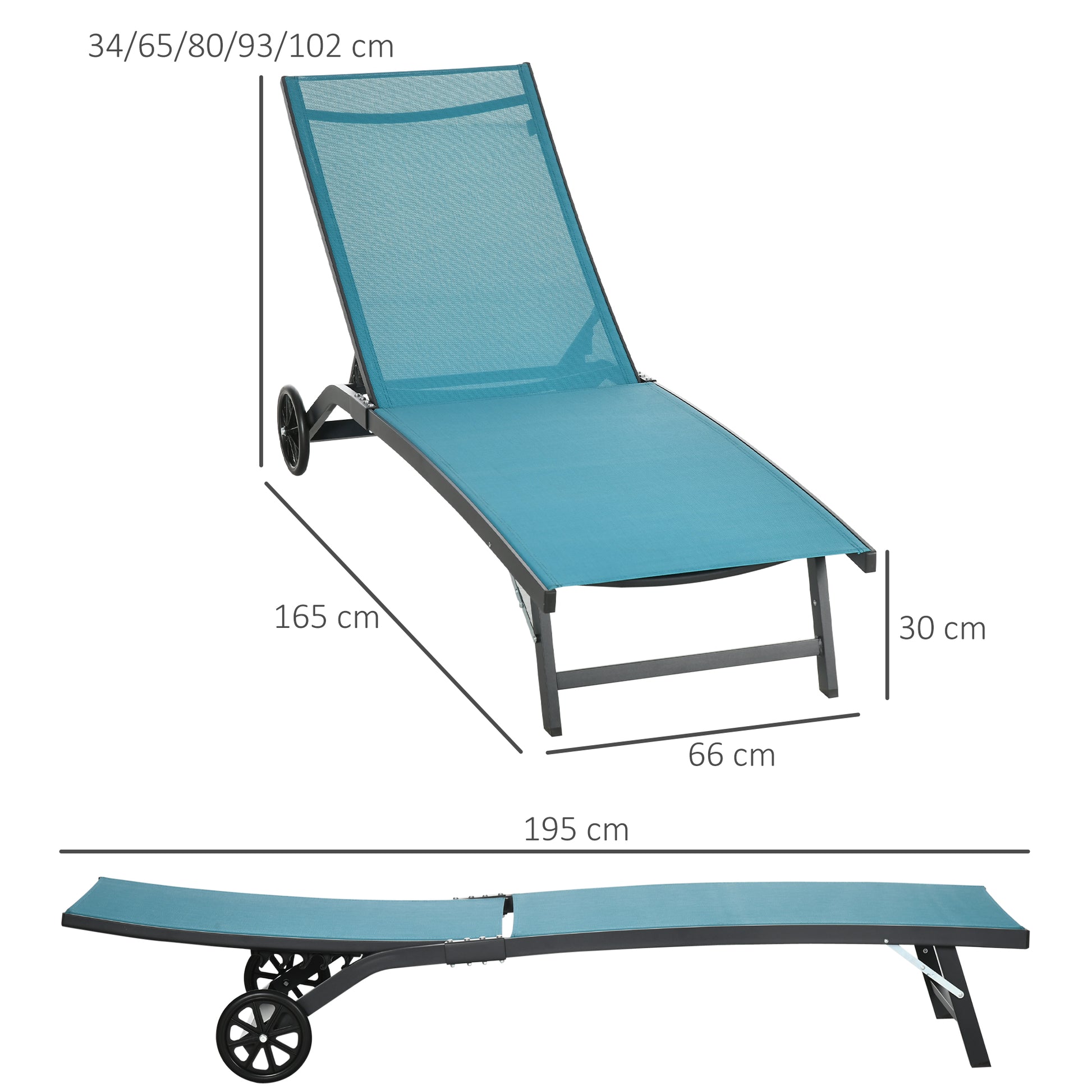 Outsunny Pack de 2 Tumbonas de Jardín Exterior Tumbonas Reclinables de Aluminio con Respaldo Ajustable de 5 Niveles y Ruedas para Playa Piscina 165x66x102 cm Azul y Gris