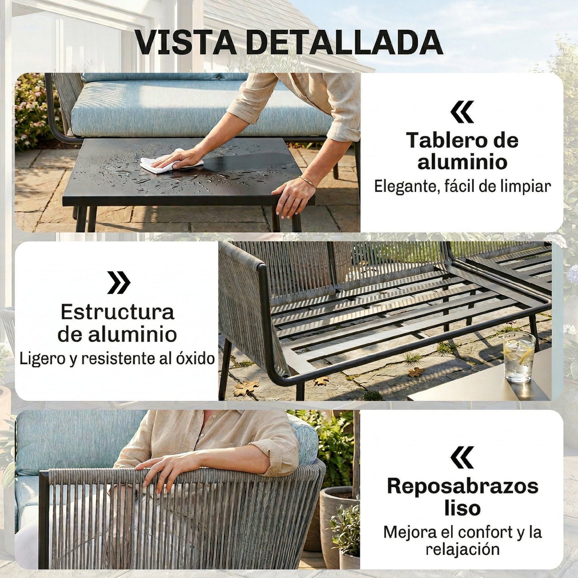 Outsunny Conjunto de Muebles de Ratán 4 Piezas con Marco de Aluminio Set de Muebles de Jardín 2 Sofá de 2 Plazas Sofá de Esquina Mesa de Centro con 6 Cojines Acolchados para Exterior Patio Azul Claro