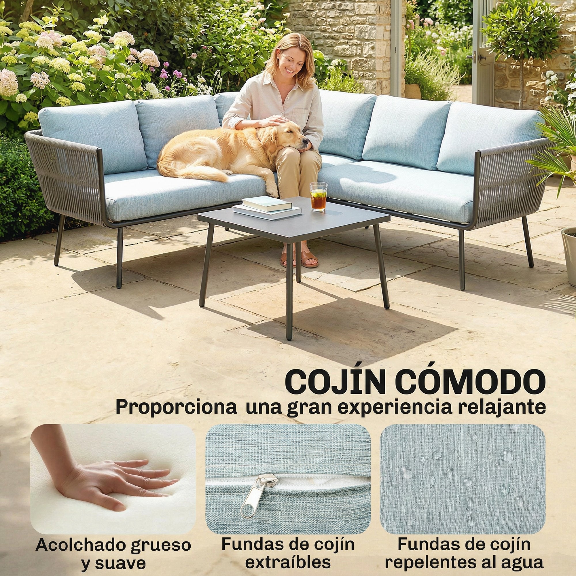 Outsunny Conjunto de Muebles de Ratán 4 Piezas con Marco de Aluminio Set de Muebles de Jardín 2 Sofá de 2 Plazas Sofá de Esquina Mesa de Centro con 6 Cojines Acolchados para Exterior Patio Azul Claro