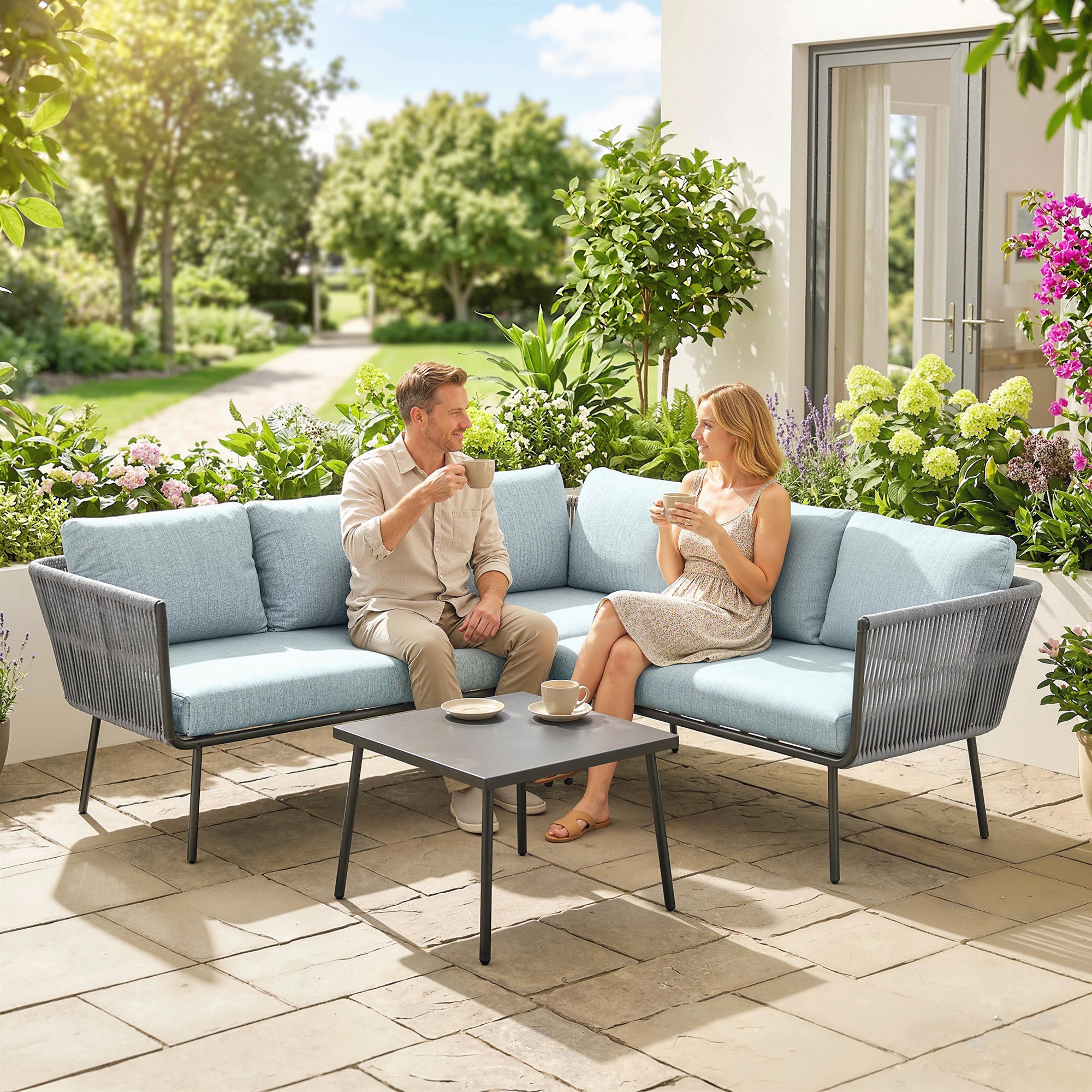 Outsunny Conjunto de Muebles de Ratán 4 Piezas con Marco de Aluminio Set de Muebles de Jardín 2 Sofá de 2 Plazas Sofá de Esquina Mesa de Centro con 6 Cojines Acolchados para Exterior Patio Azul Claro