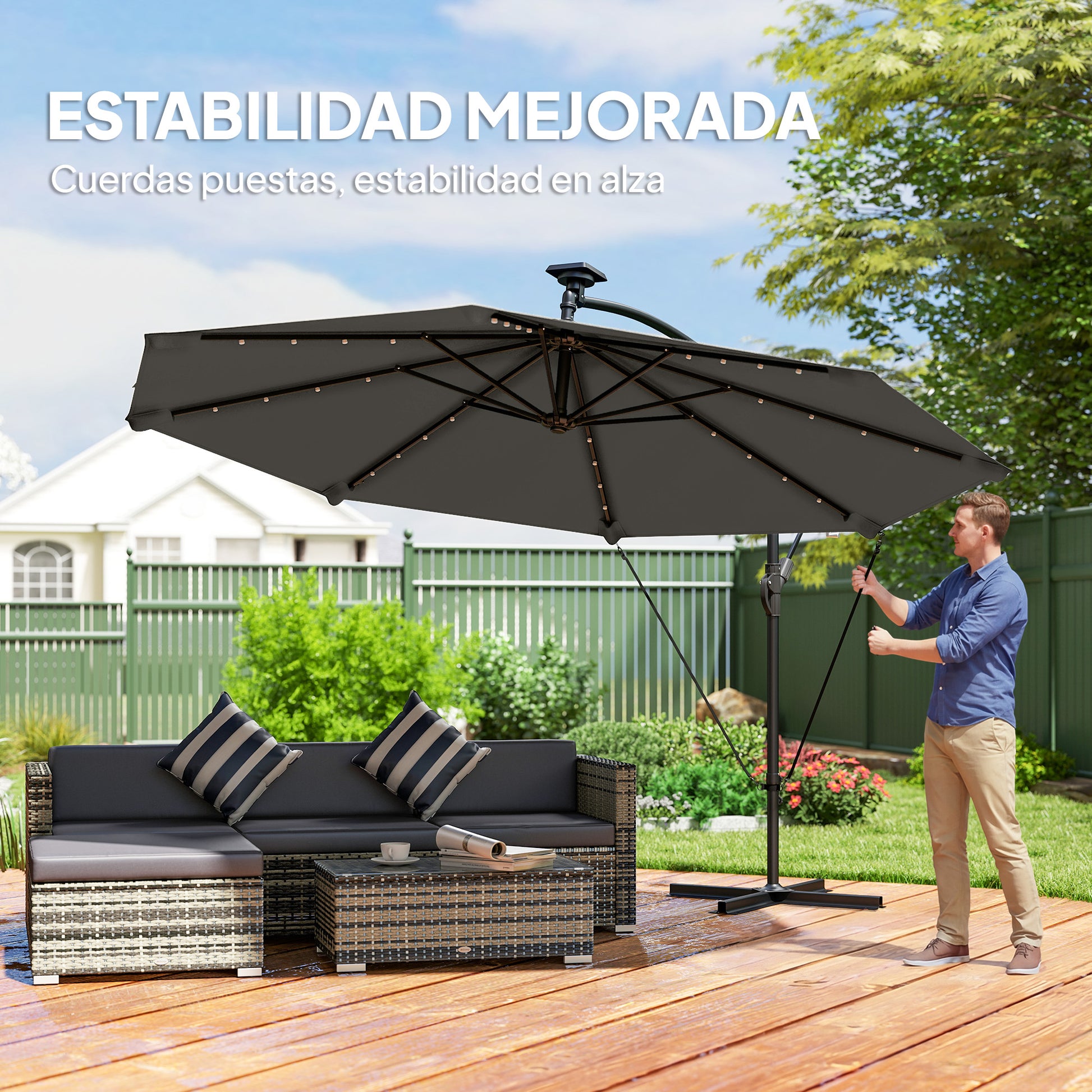 Outsunny Parasol Excéntrico con Luces LED Solares, Ø345 cm, Sombrilla de Jardín de Aluminio con Base Cruzada, Manivela, Funda Protectora, Cuerdas de Viento, UPF50+, para Terraza, Patio, Gris Oscuro