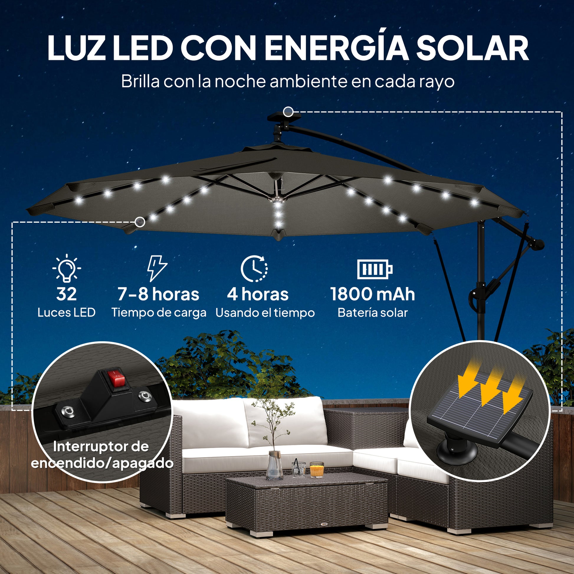 Outsunny Parasol Excéntrico con Luces LED Solares, Ø345 cm, Sombrilla de Jardín de Aluminio con Base Cruzada, Manivela, Funda Protectora, Cuerdas de Viento, UPF50+, para Terraza, Patio, Gris Oscuro