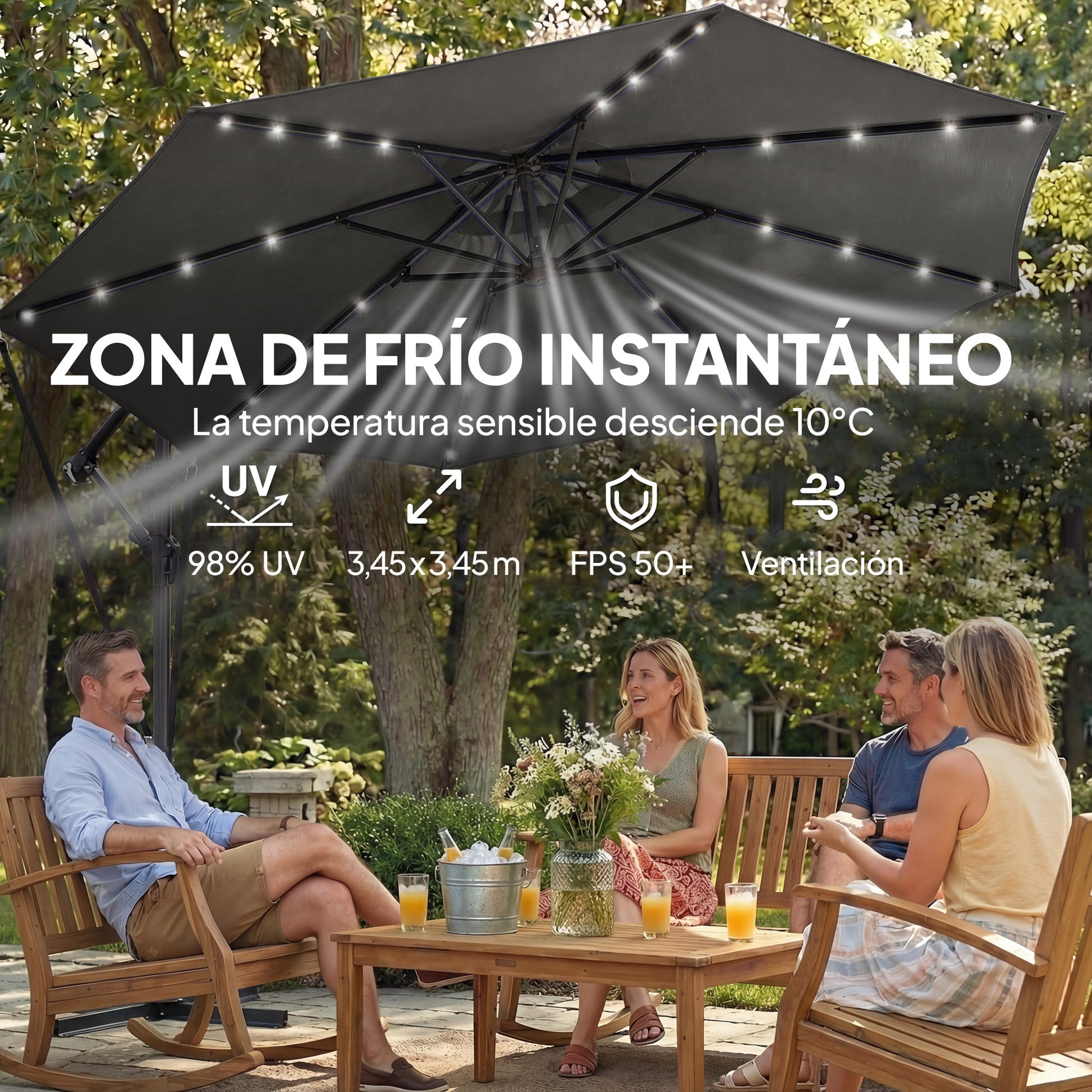 Outsunny Parasol Excéntrico con Luces LED Solares, Ø345 cm, Sombrilla de Jardín de Aluminio con Base Cruzada, Manivela, Funda Protectora, Cuerdas de Viento, UPF50+, para Terraza, Patio, Gris Oscuro