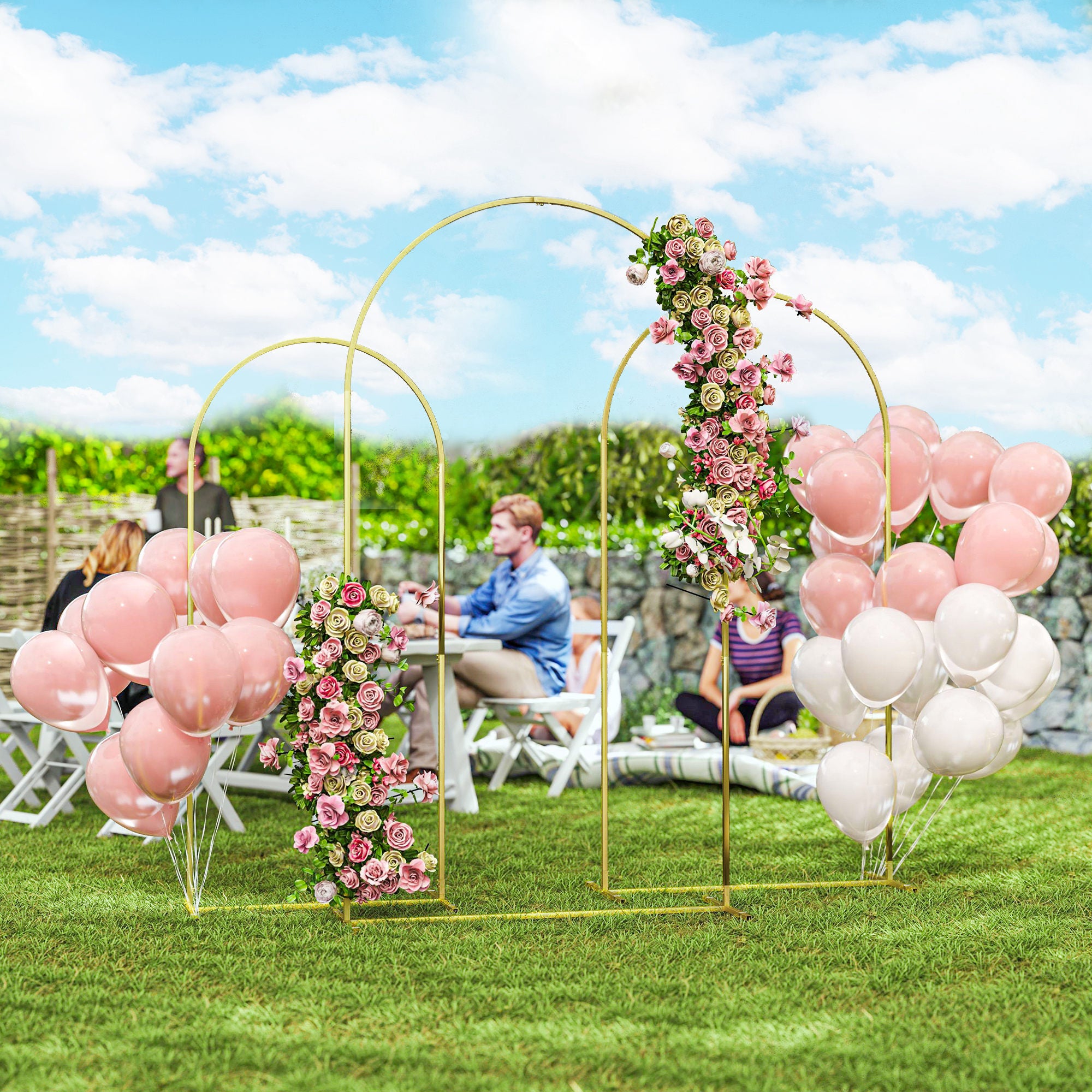 Outsunny Set de 3 Arcos de Jardín para Rosas de Metal, Arcos de Boda de 220/200/180 cm con Recubrimiento en Polvo, Resistente a la Intemperie, para Plantas Trepadoras, Decoración Patio Terraza, Dorado