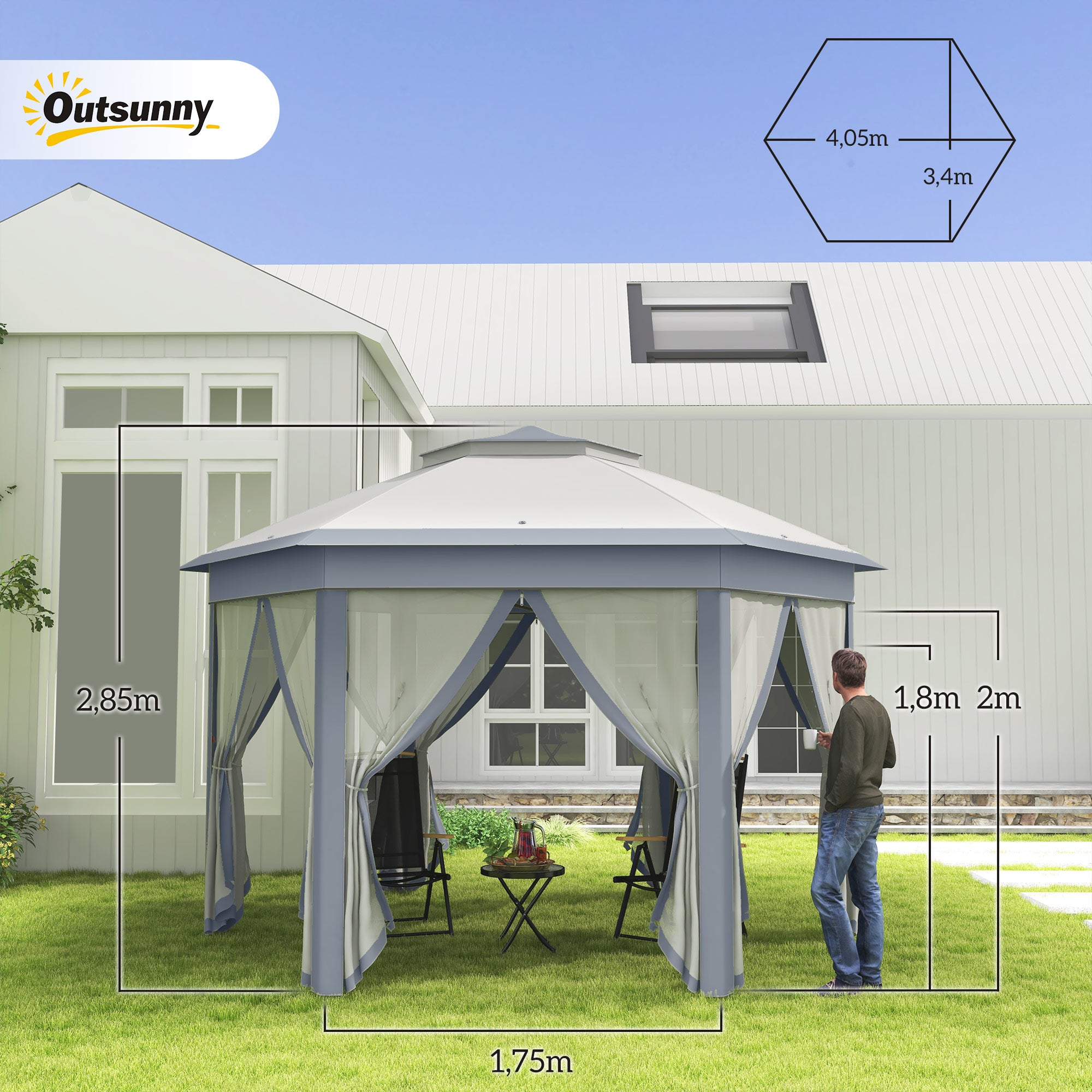 Outsunny Carpa Plegable 4x3,4 m, Cenador de Jardín Hexagonal con Doble Techo, 6 Mosquiteras Extraíbles y Bolsa de Transporte, Impermeable, Anti-UV para Exterior, Fiestas, Gris
