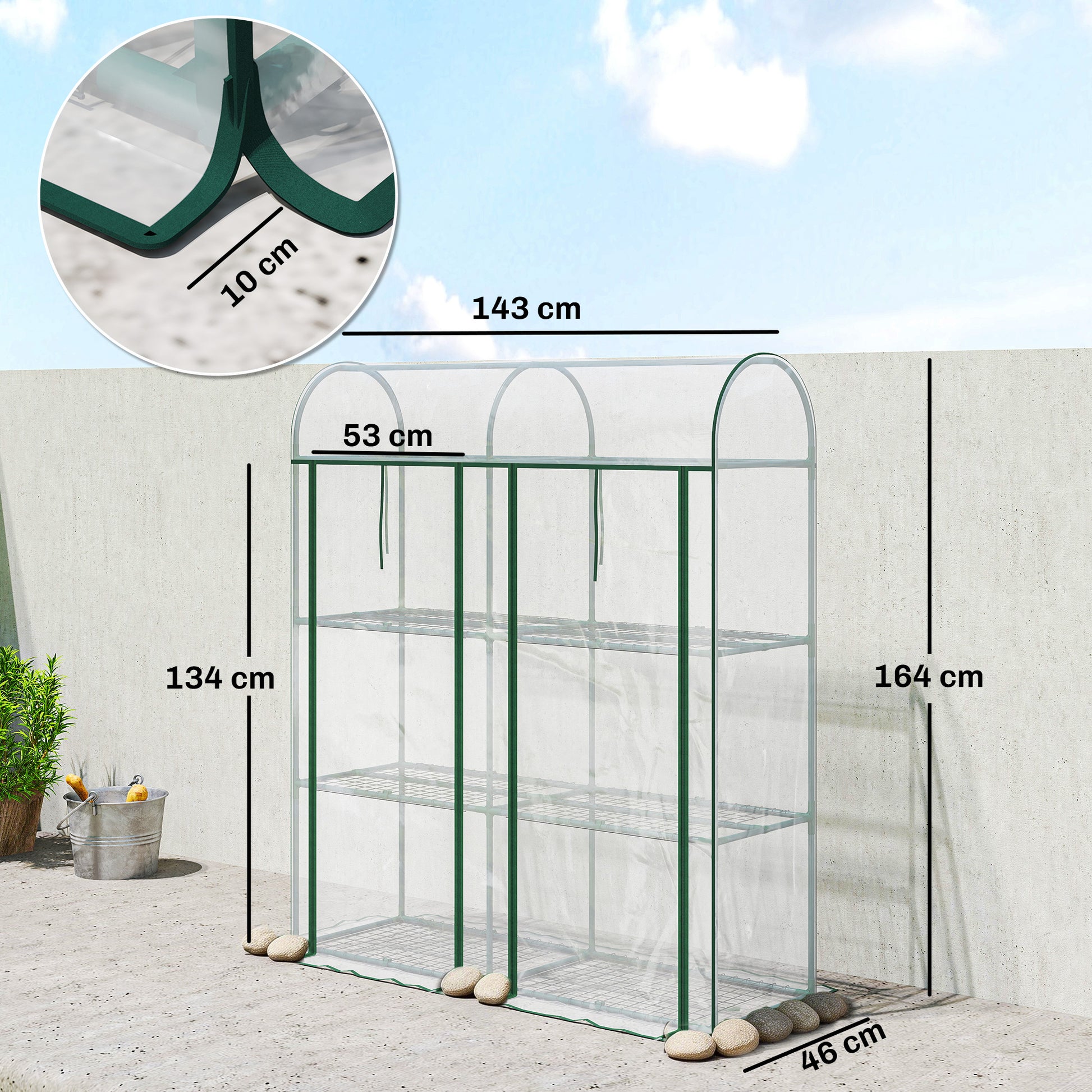 Outsunny Invernadero Pequeño de 3 Niveles, Invernadero de Exterior con 2 Puertas Enrollables, Marco de Acero y Cubierta de Plástico Anti-UV para Cultivar Plantas, Flores, 143x46x164 cm, Transparente