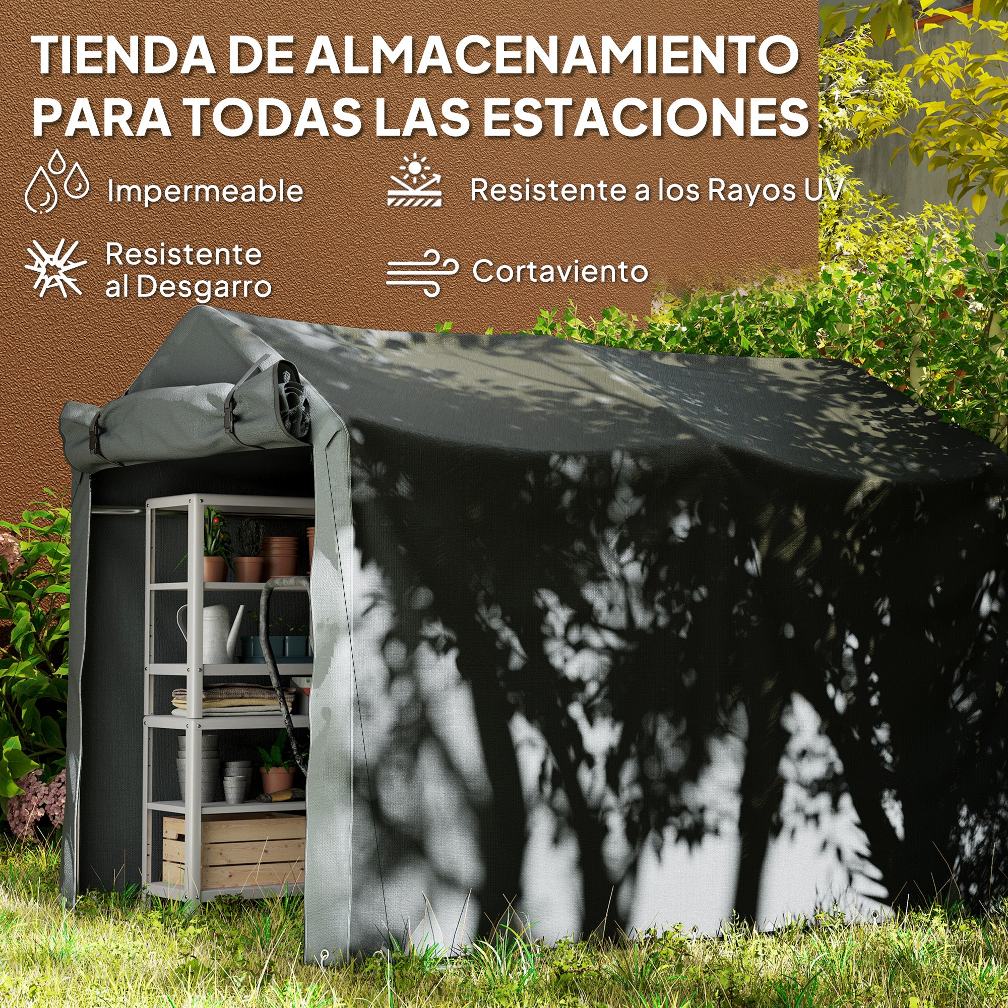 Outsunny Carpa de Jardín Exterior para Herramientas Bicicletas 2,2x1,57x1,65 m, Cobertizo Exterior con Puerta Desmontable con Cremallera, Impermeable, Anti-UV, Garaje Portátil, Gris Oscuro